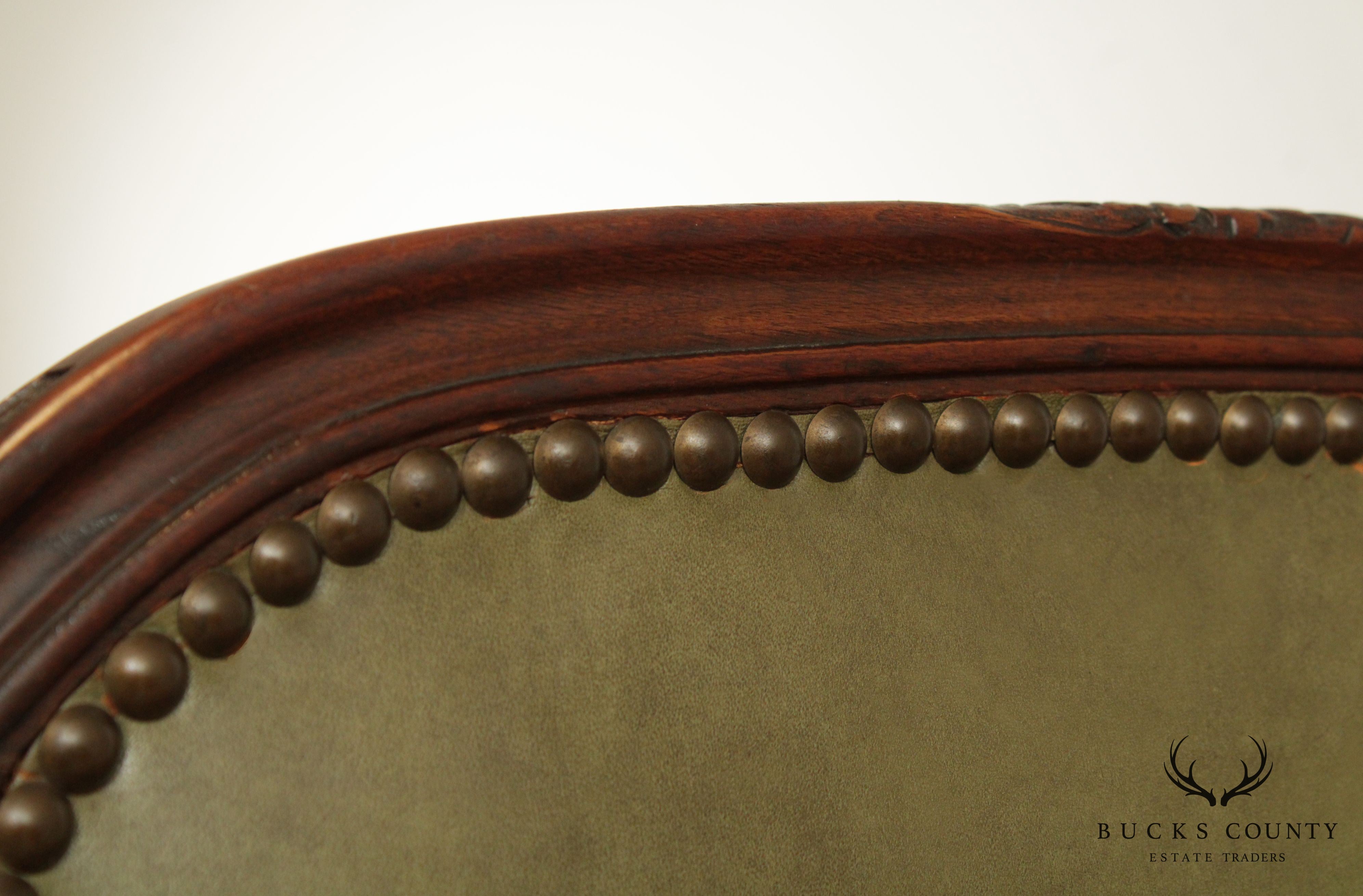 French Louis XV Style Vintage Set 5 Walnut & Green Leather Dining Chairs