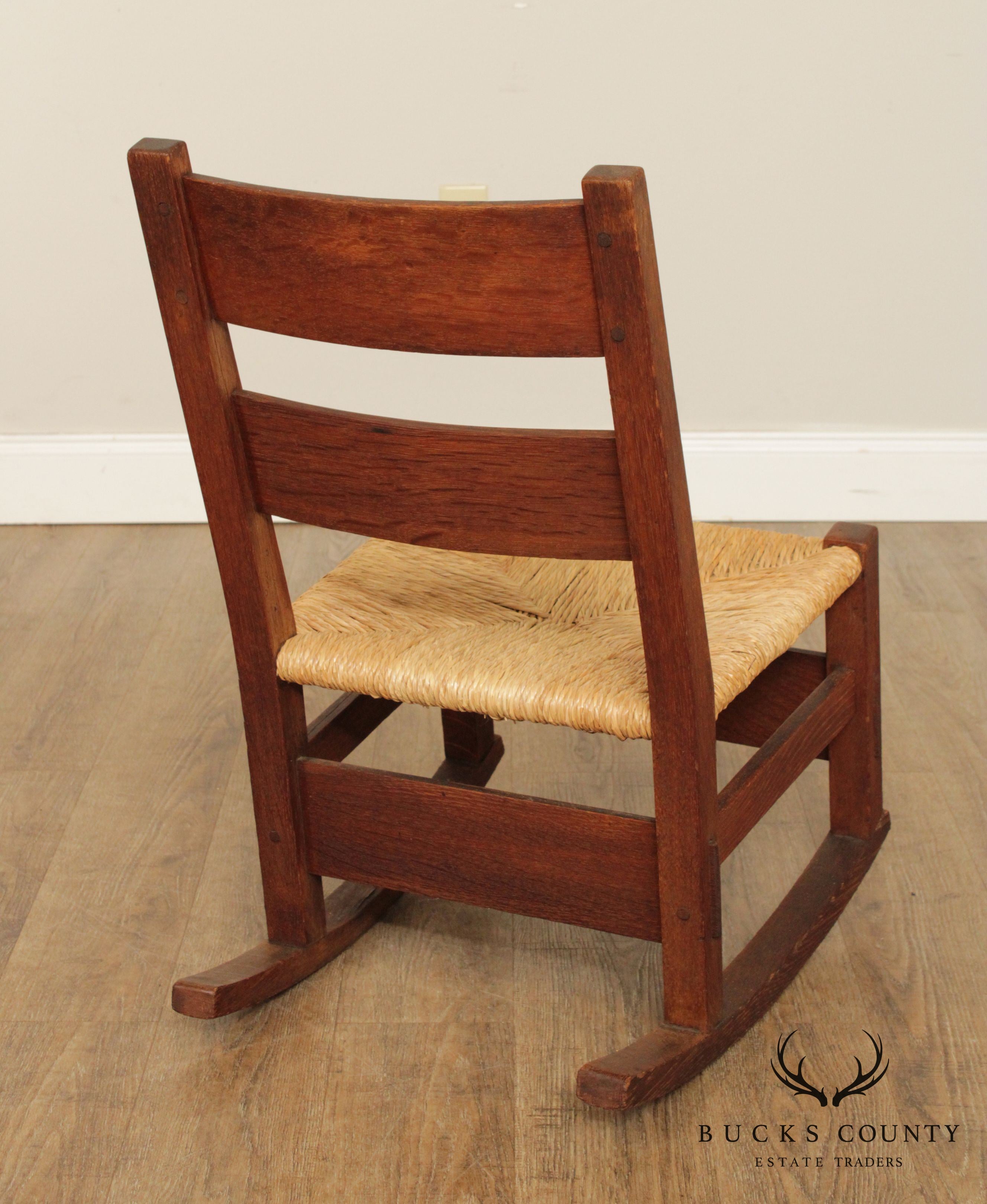 Gustav Stickley Antique Mission Oak Rush Seat Nursing Rocker