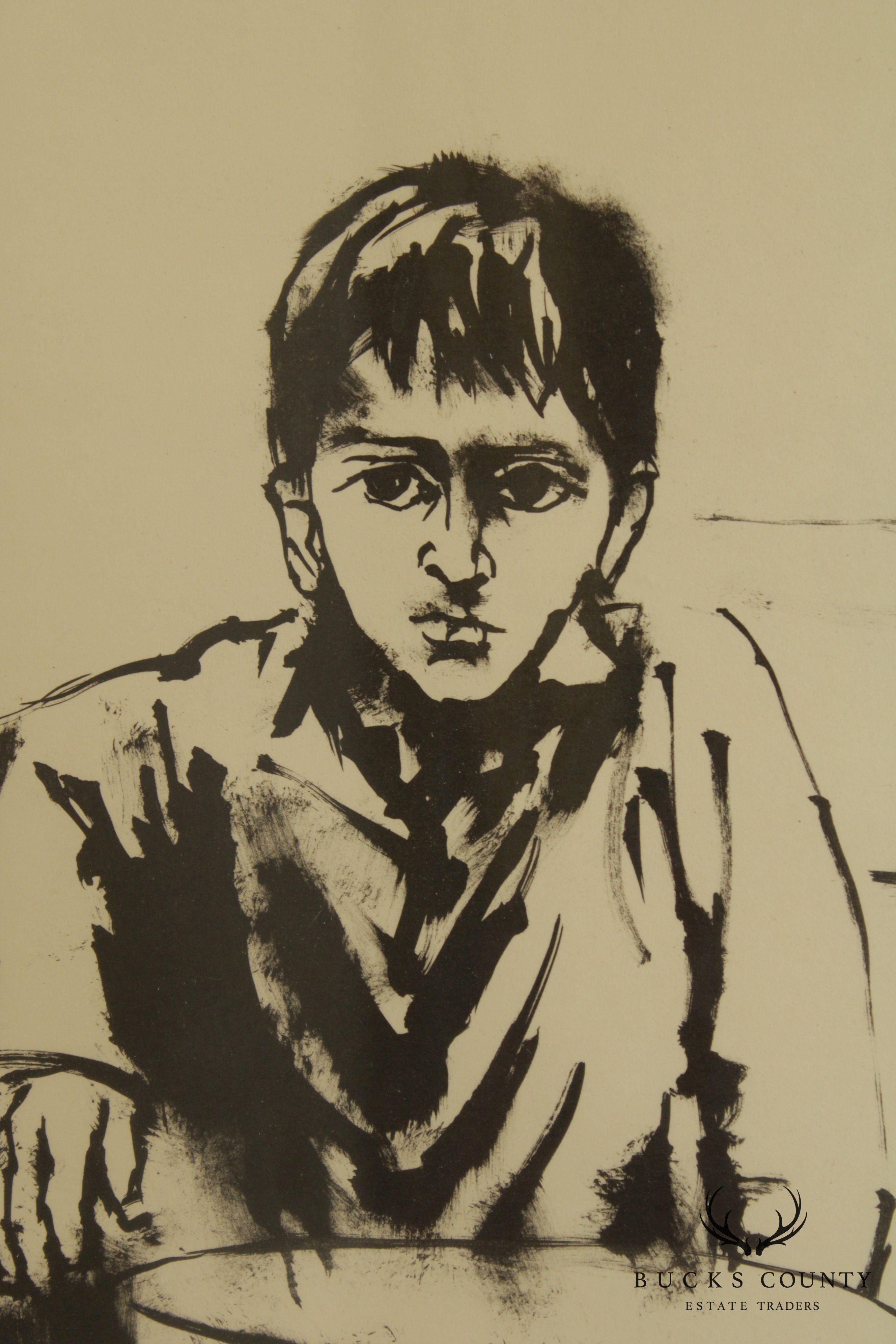 Moshe Gat Modernist Lithograph Old Man & Boy Signed in Pencil # 148/150