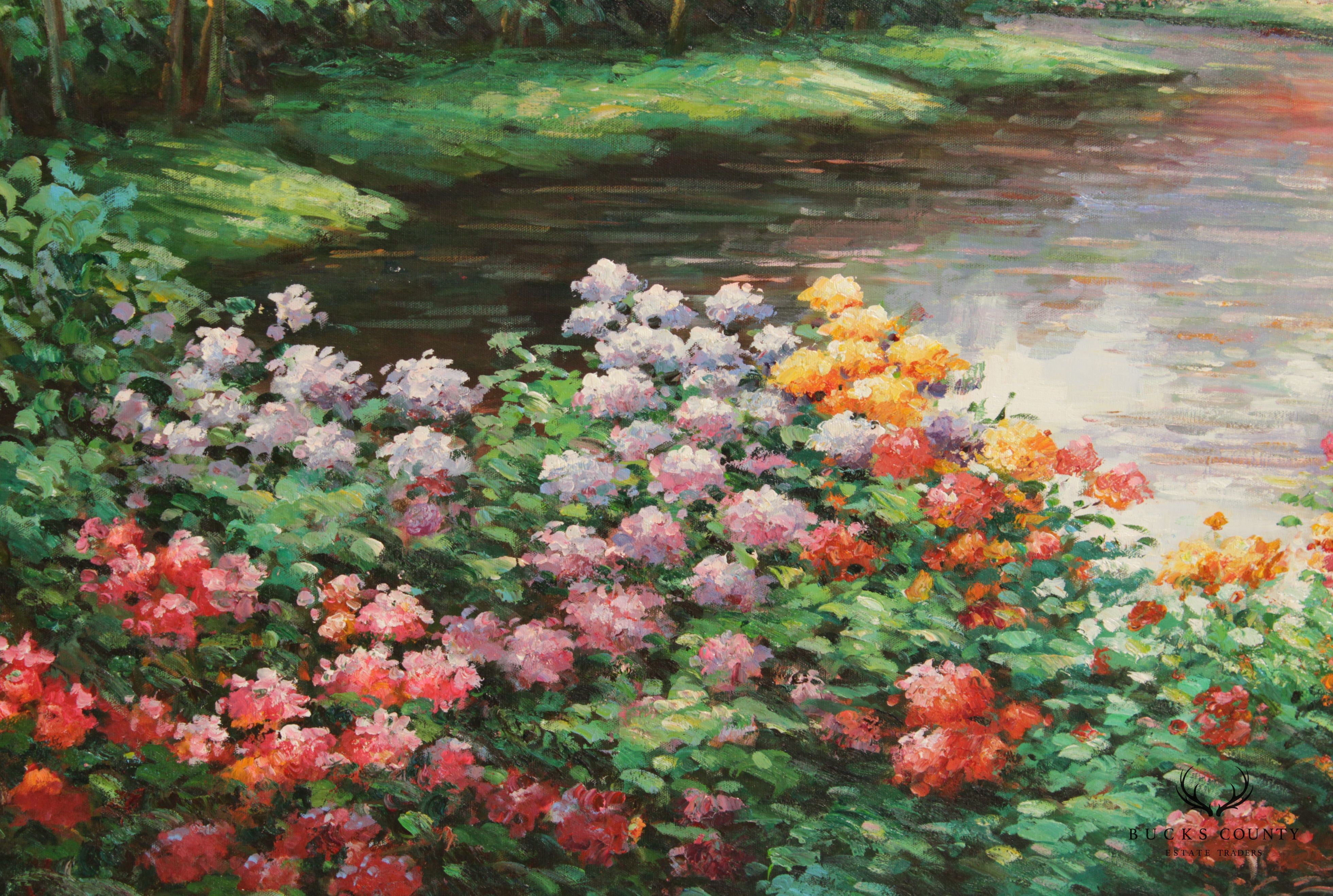 Vintage Impressionist Garden Landscape Original Oil Painting, Signed Thomas