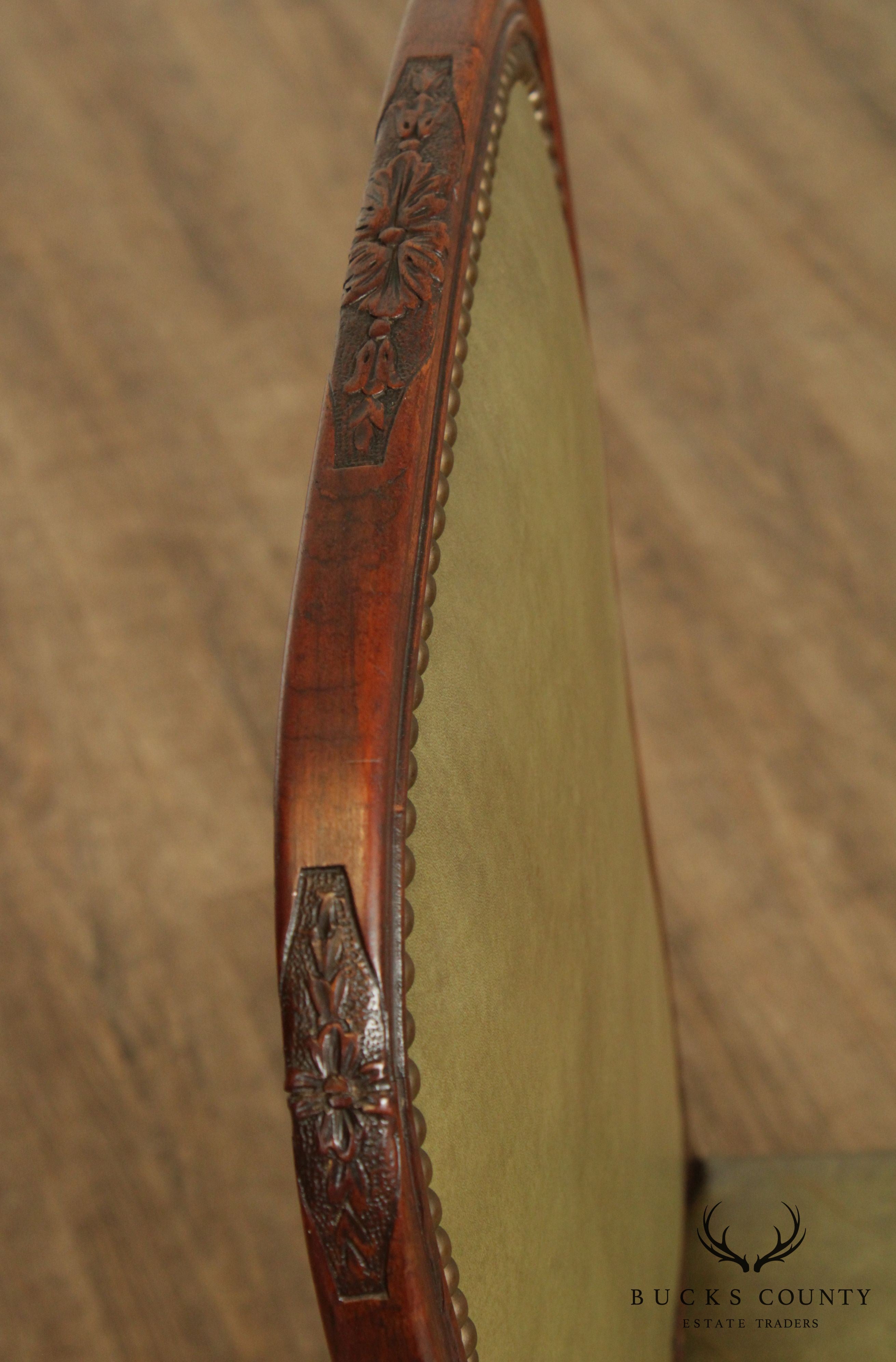 French Louis XV Style Vintage Set 5 Walnut & Green Leather Dining Chairs