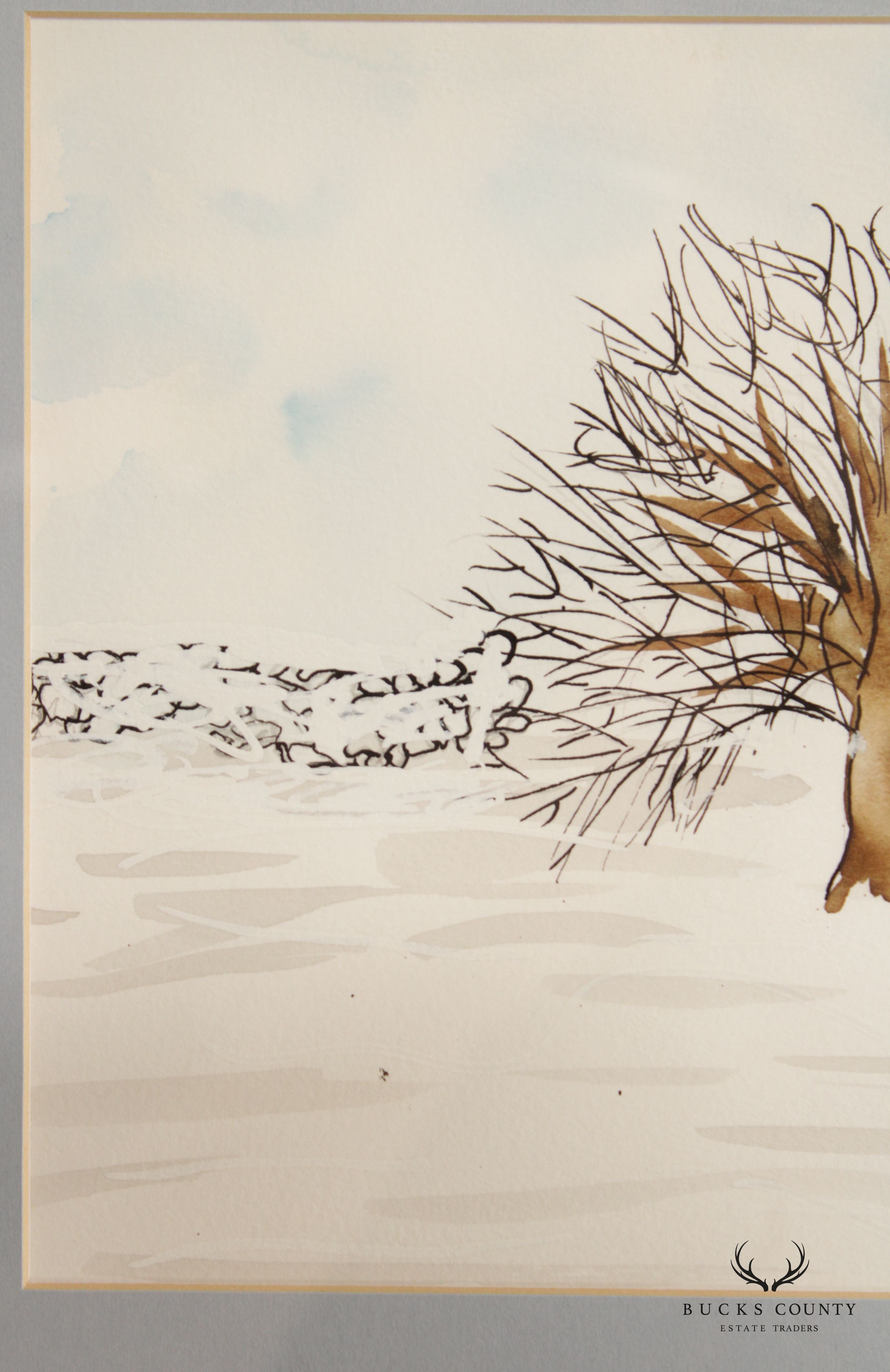 Vintage 20th C. Illustrative Winter Tree Watercolor Drawing