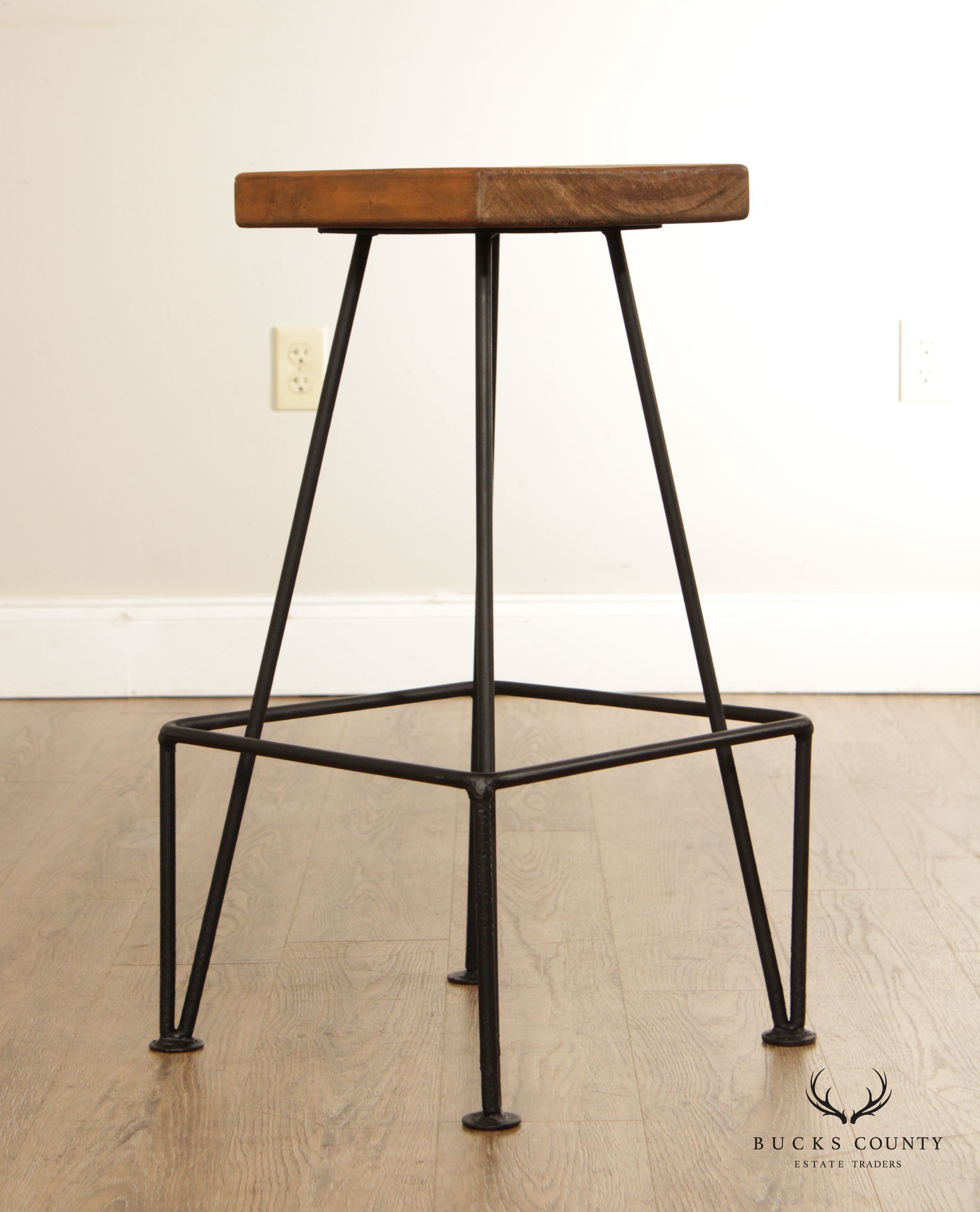 Industrial Midcentury Modern Style Wrought Iron & Wood Drafting or Bar Stool
