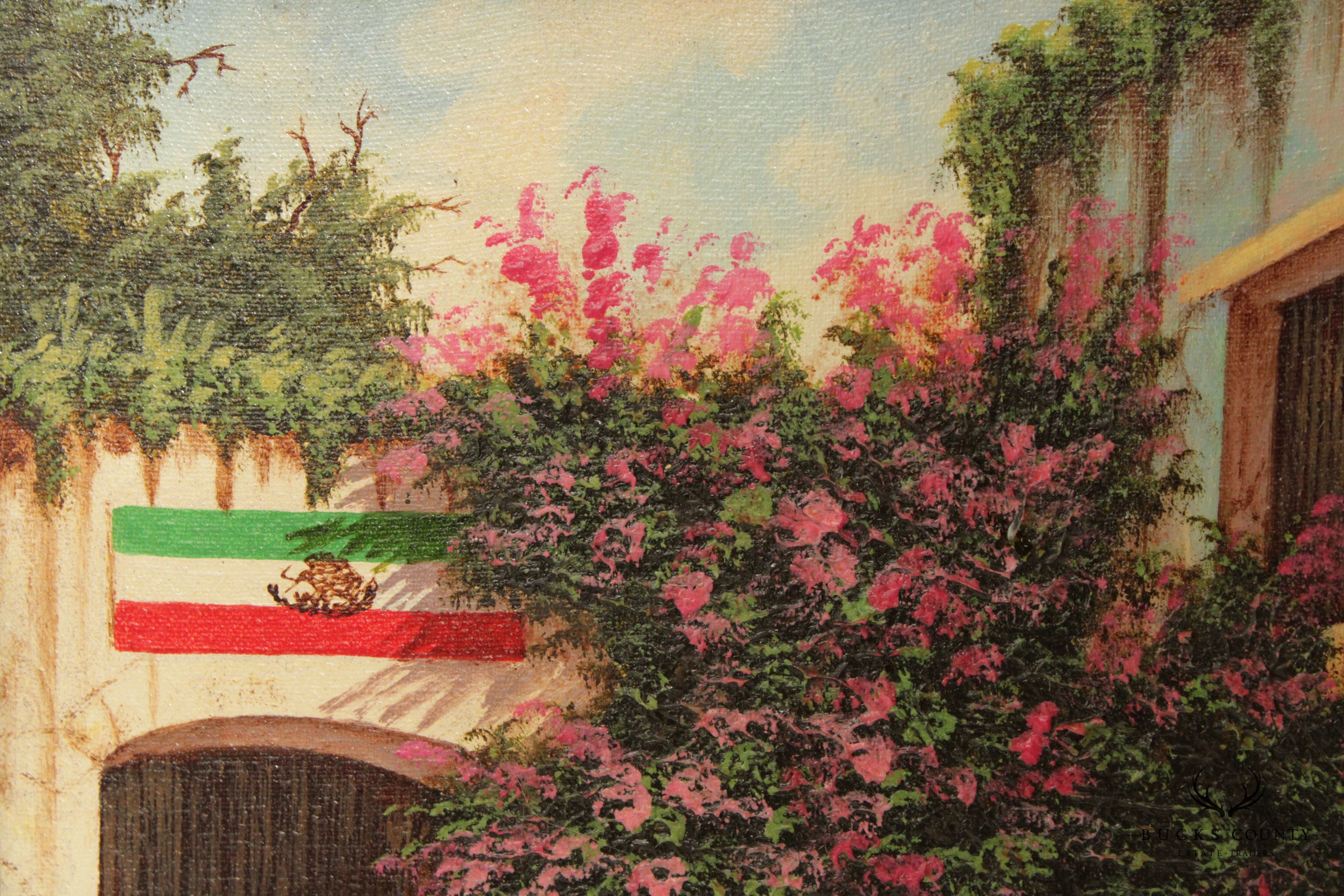 Francisco Hurtado Esquivel 1980s Mexican Courtyard Original Painting