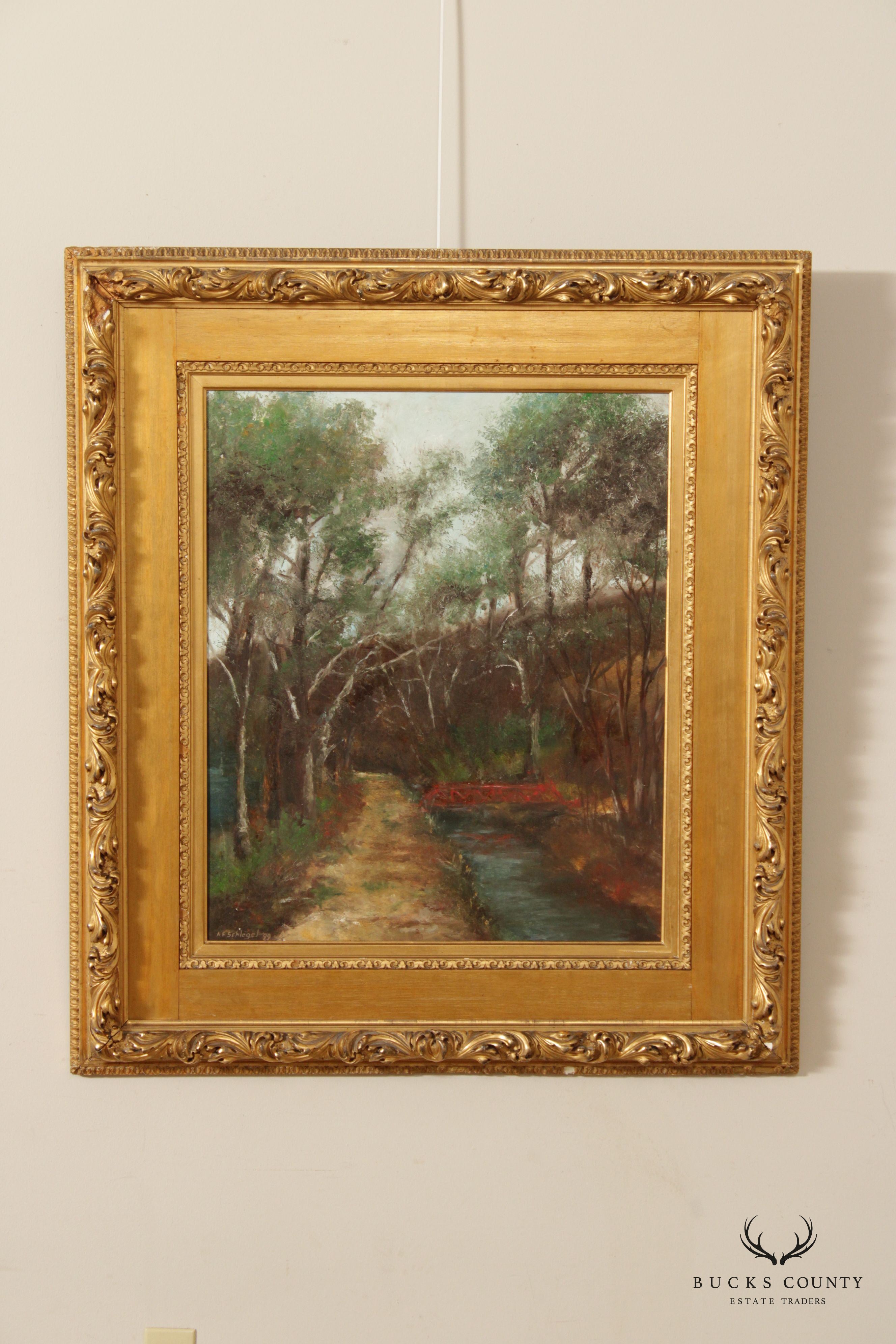 1990s Woodland Stream Original Painting, Signed 'A. E. Schlegel'