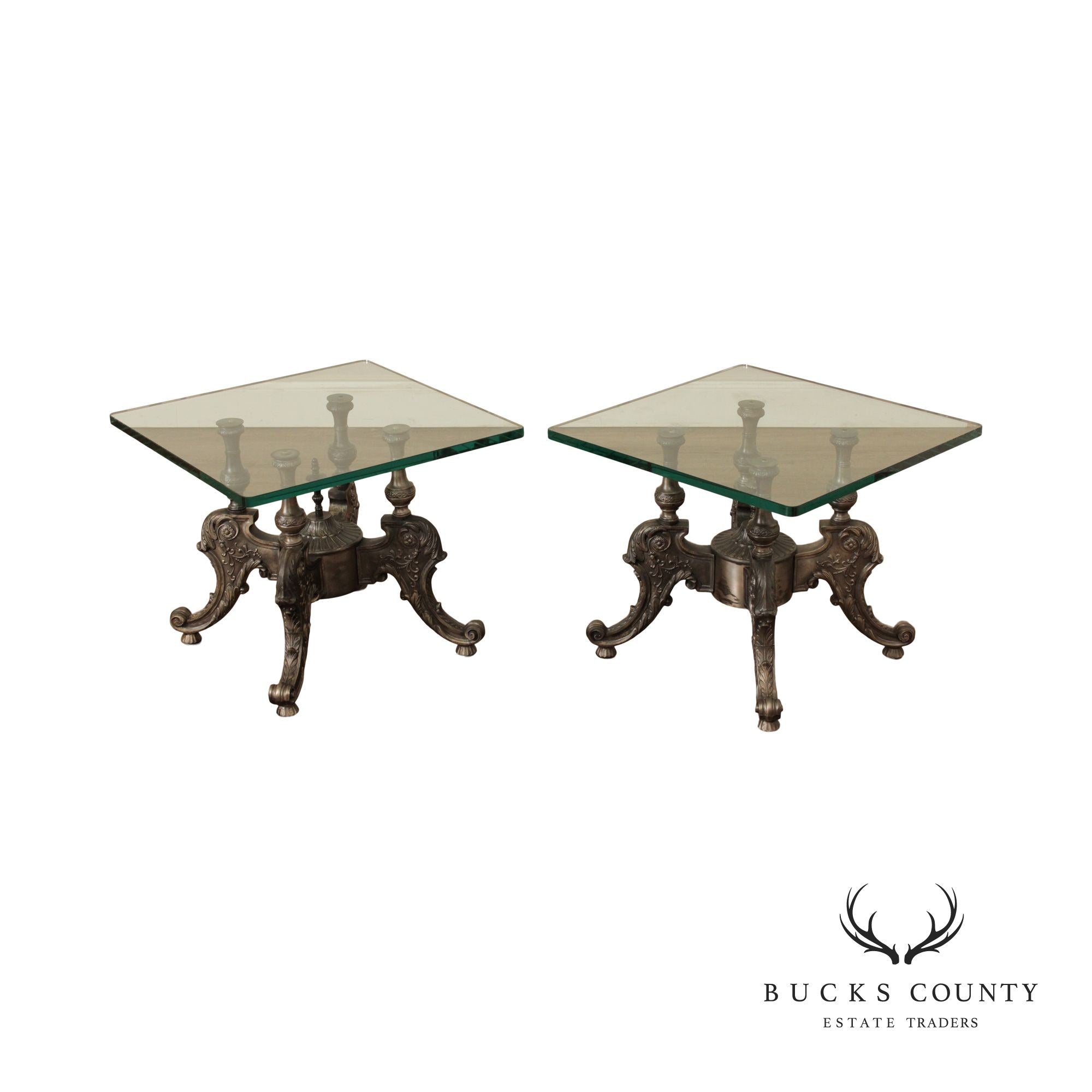Victorian Style Pair of Cast Metal Glass-Top Coffee Tables