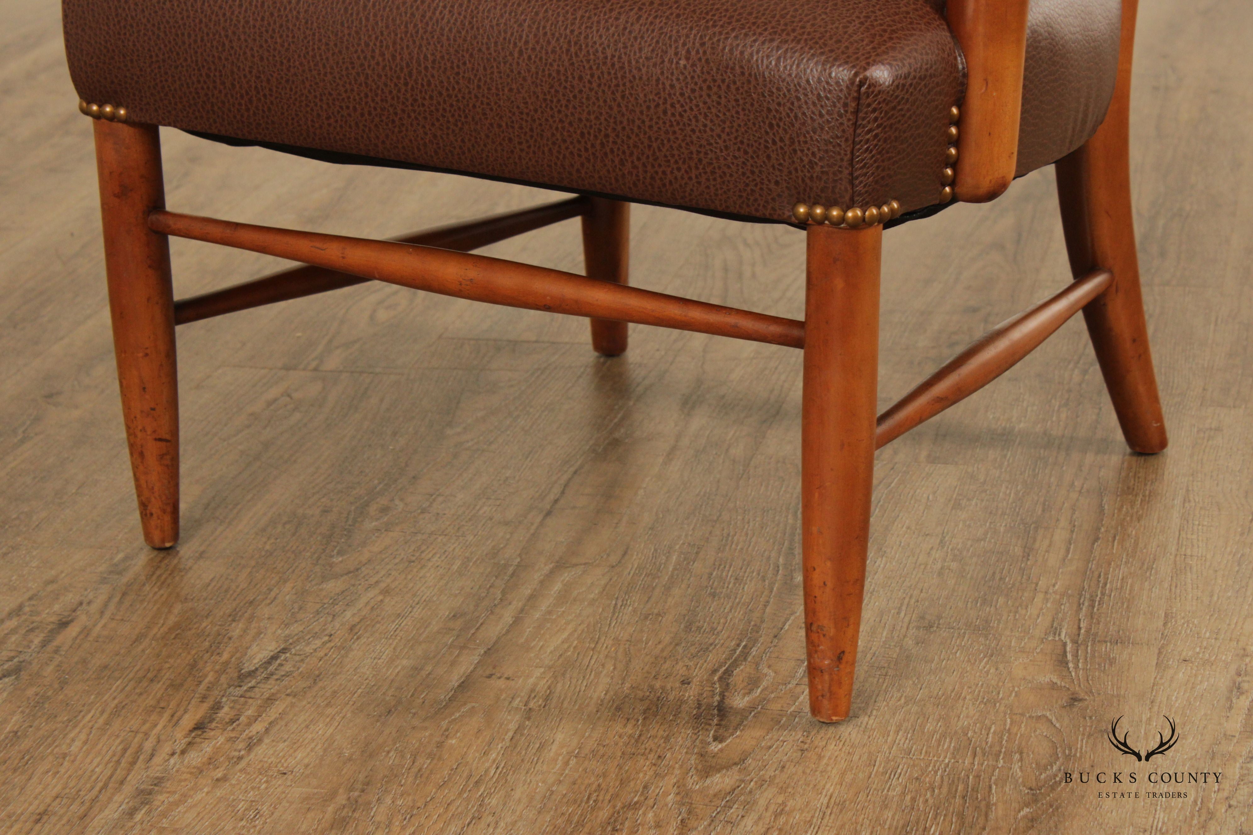 Mid Century Unusual High Back Sculpted Maple & Leather Arm Chair