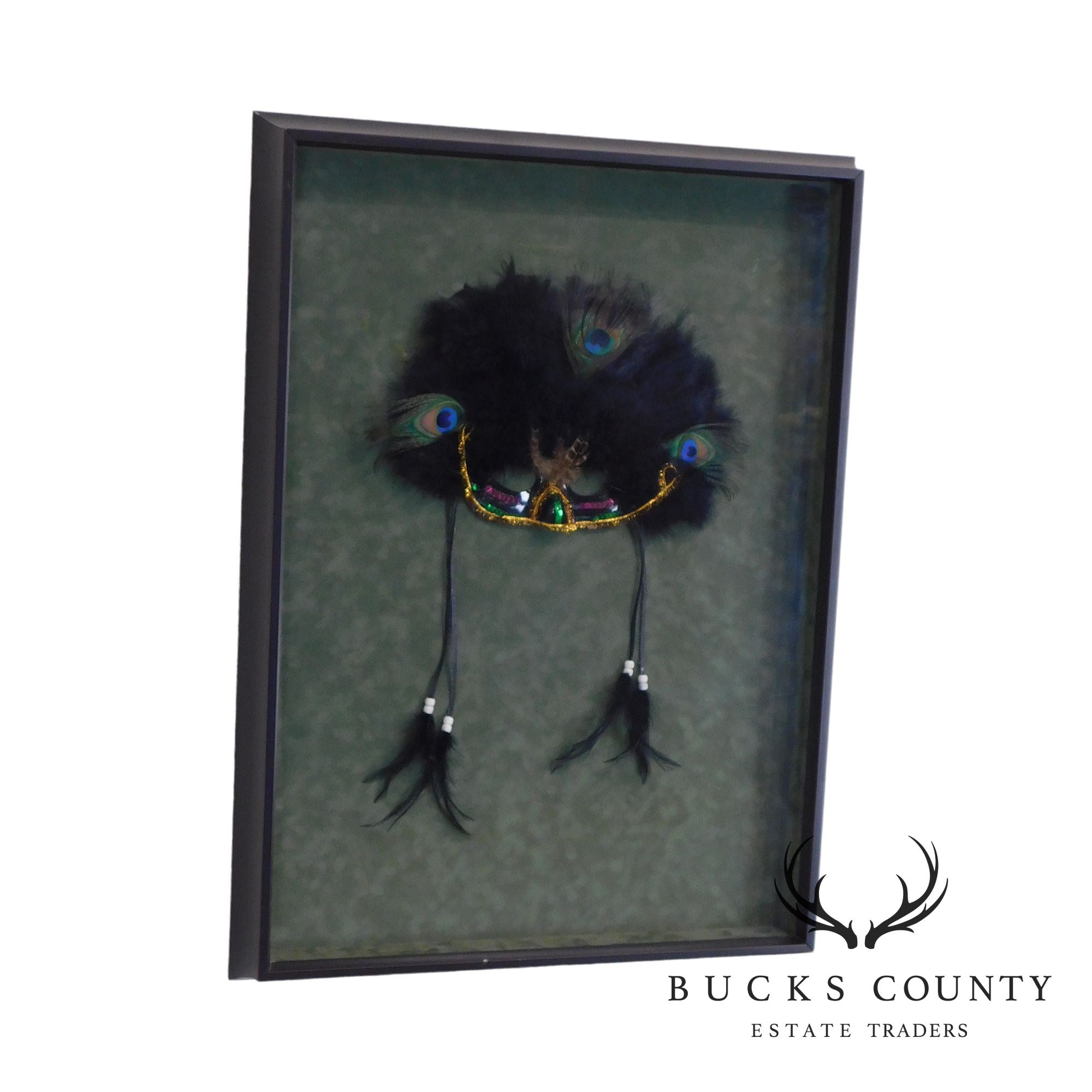 Hand Crafted Mardi Gras Mask with Peacock Feathers and Beaded Ties, Framed