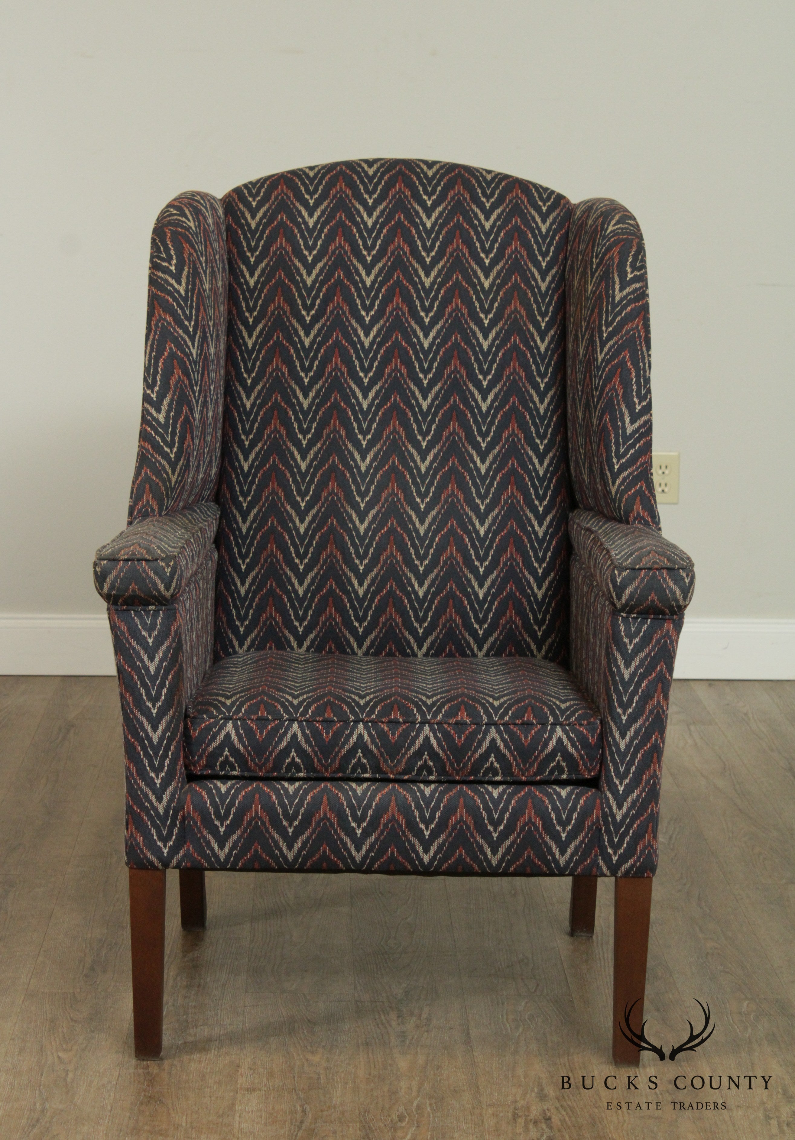 George III Style Custom Flame Stitch Upholstered Wing Chair