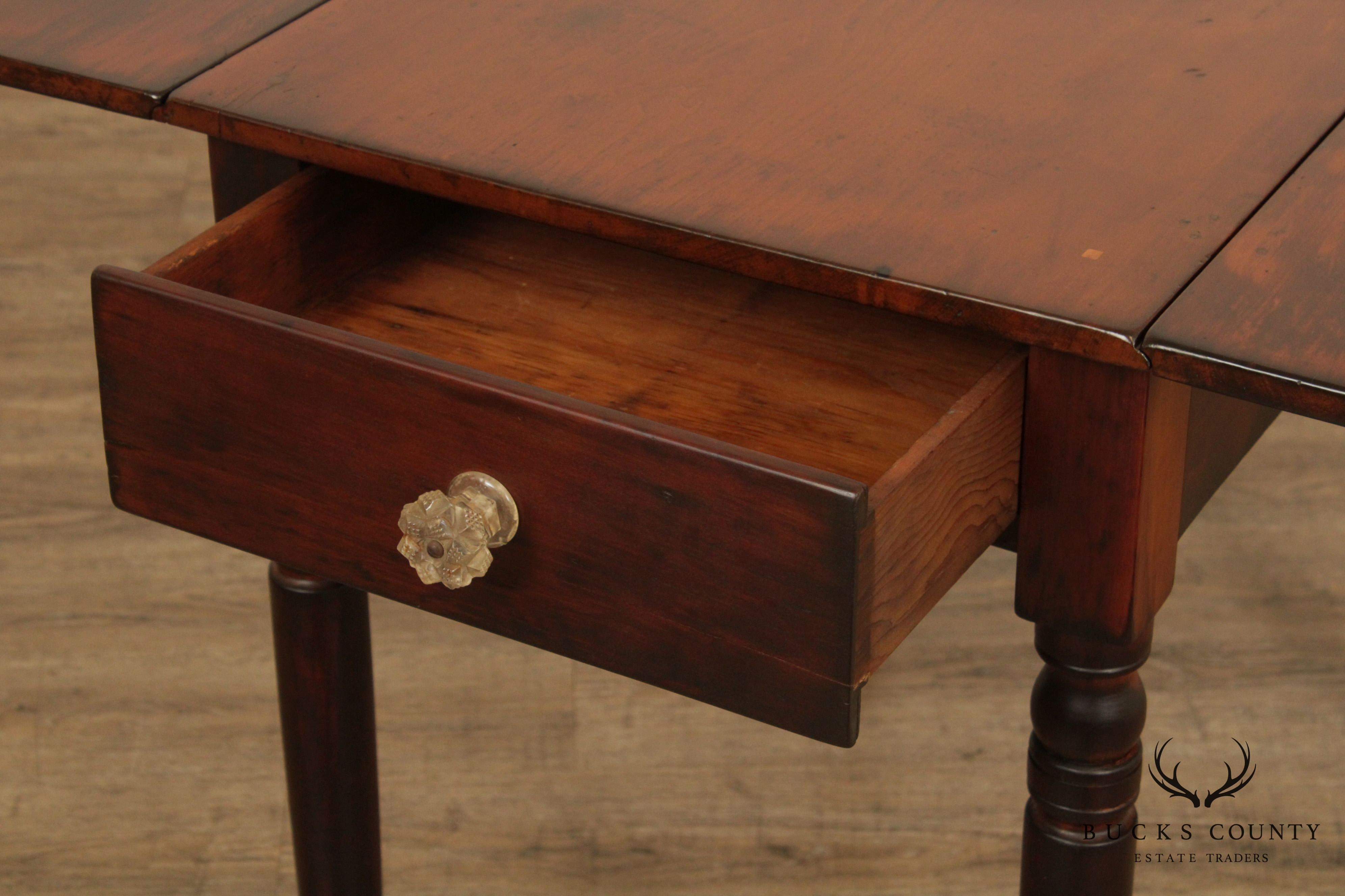 Antique Country Sheraton Cherry One Drawer, Drop Leaf Table