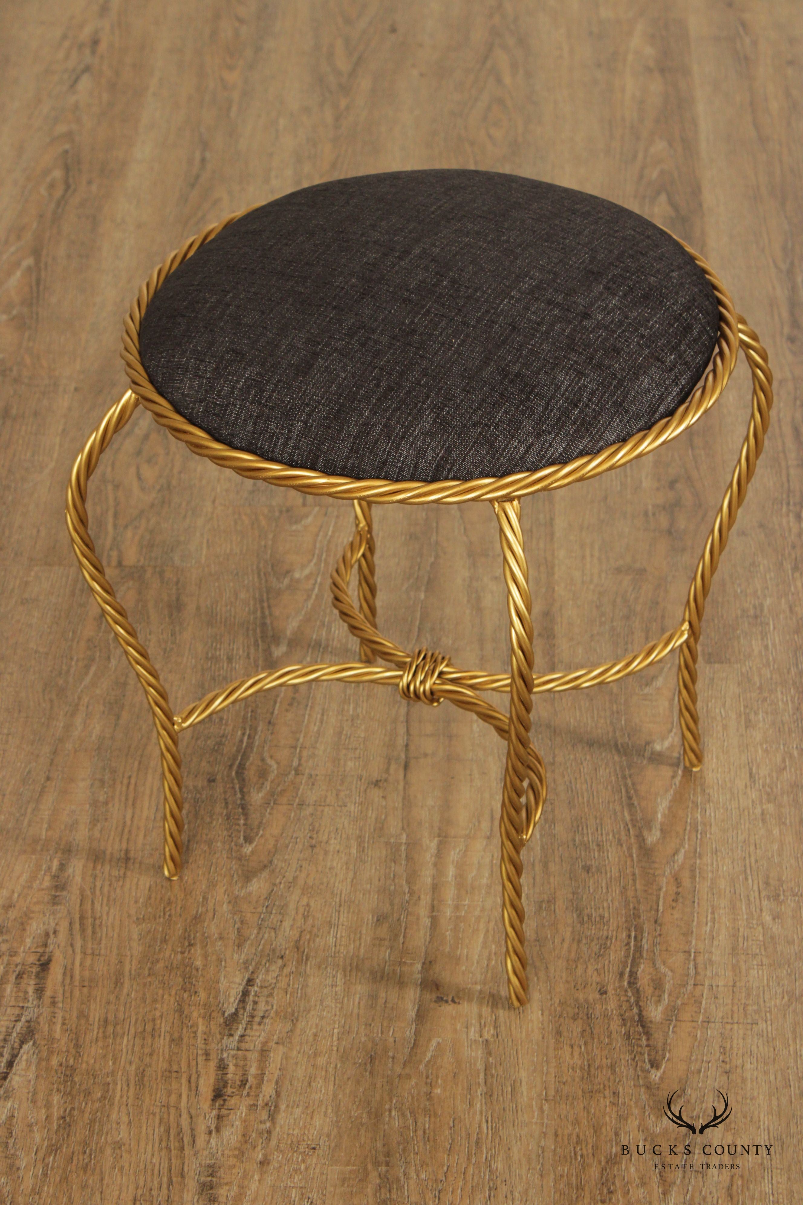 Hollywood Regency Pair of Gilt Metal Rope Twist Stools
