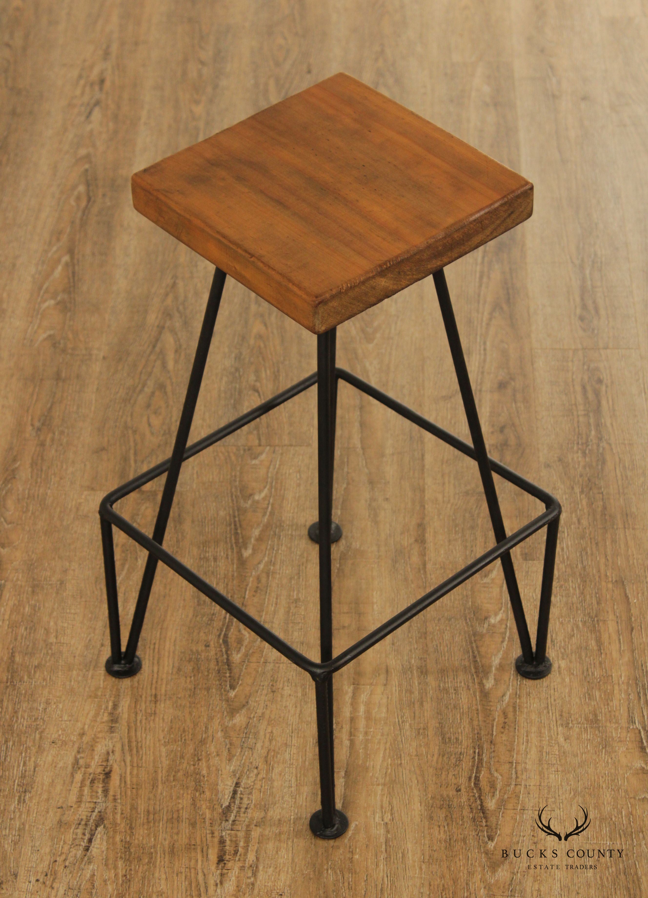 Industrial Midcentury Modern Style Wrought Iron & Wood Drafting or Bar Stool