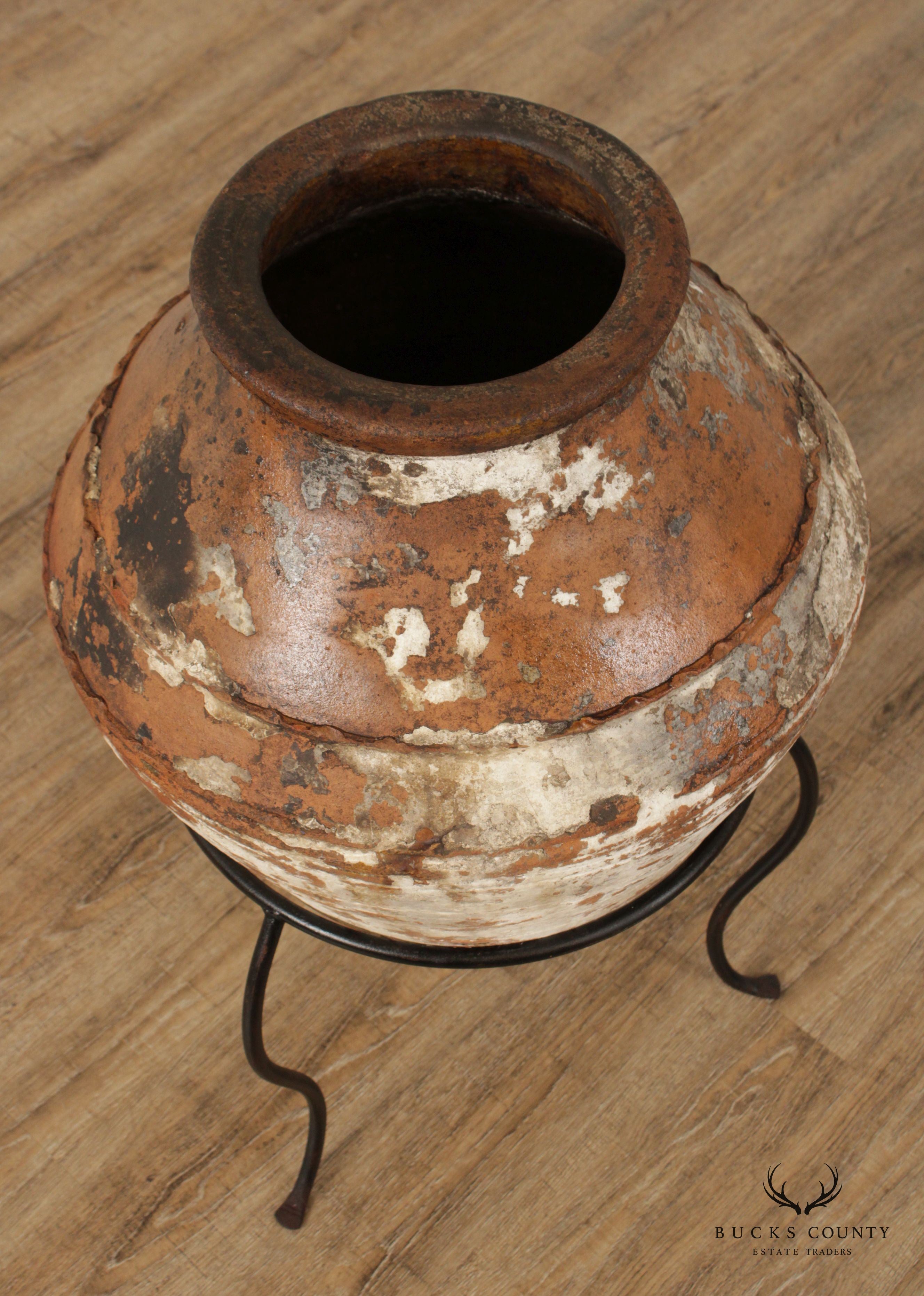 Antique Mediterranean Large Terra Cotta Amphora Floor Vase on Stand