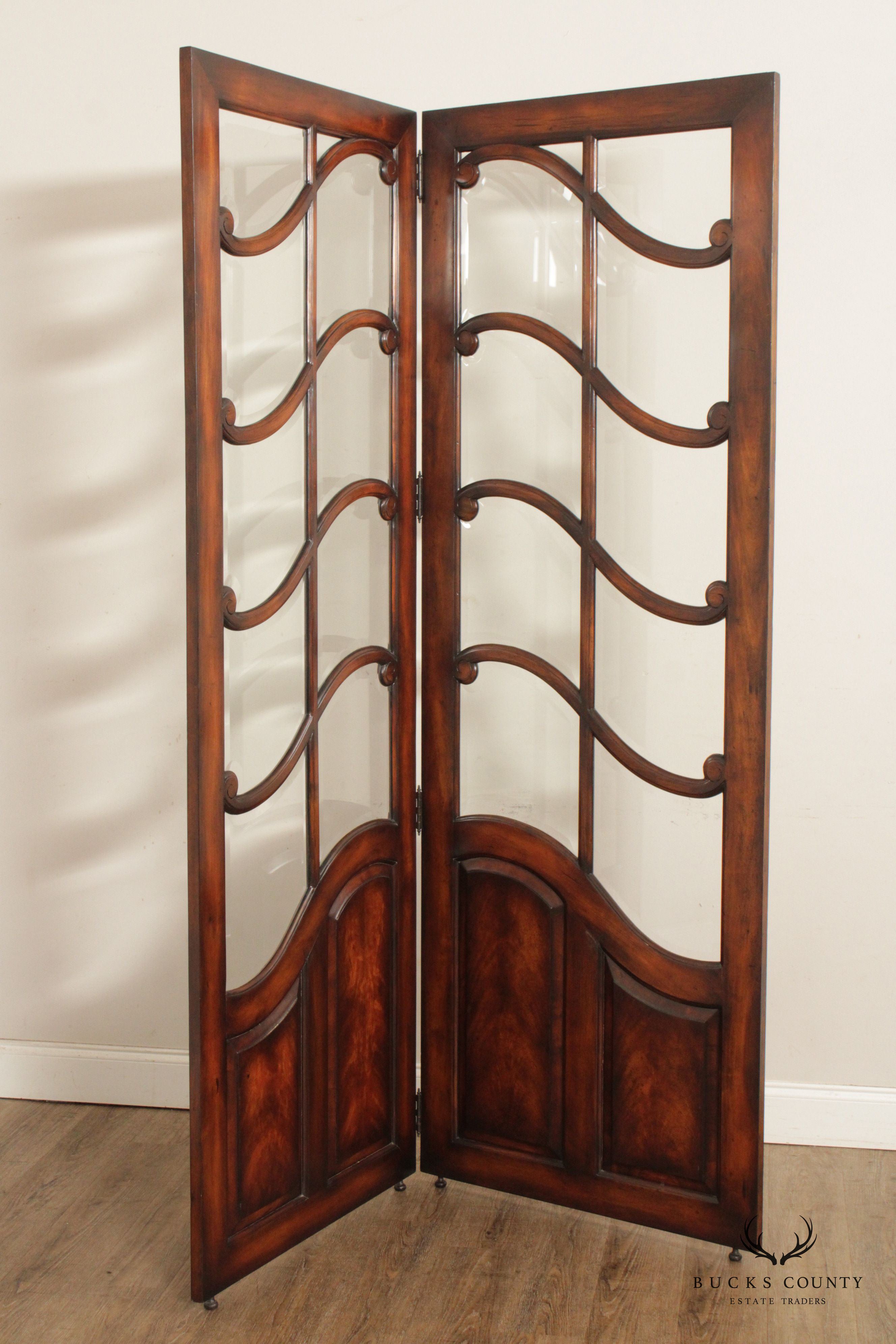 Mahogany and Glass Regency Style Two-Panel Folding Screen Room Divider