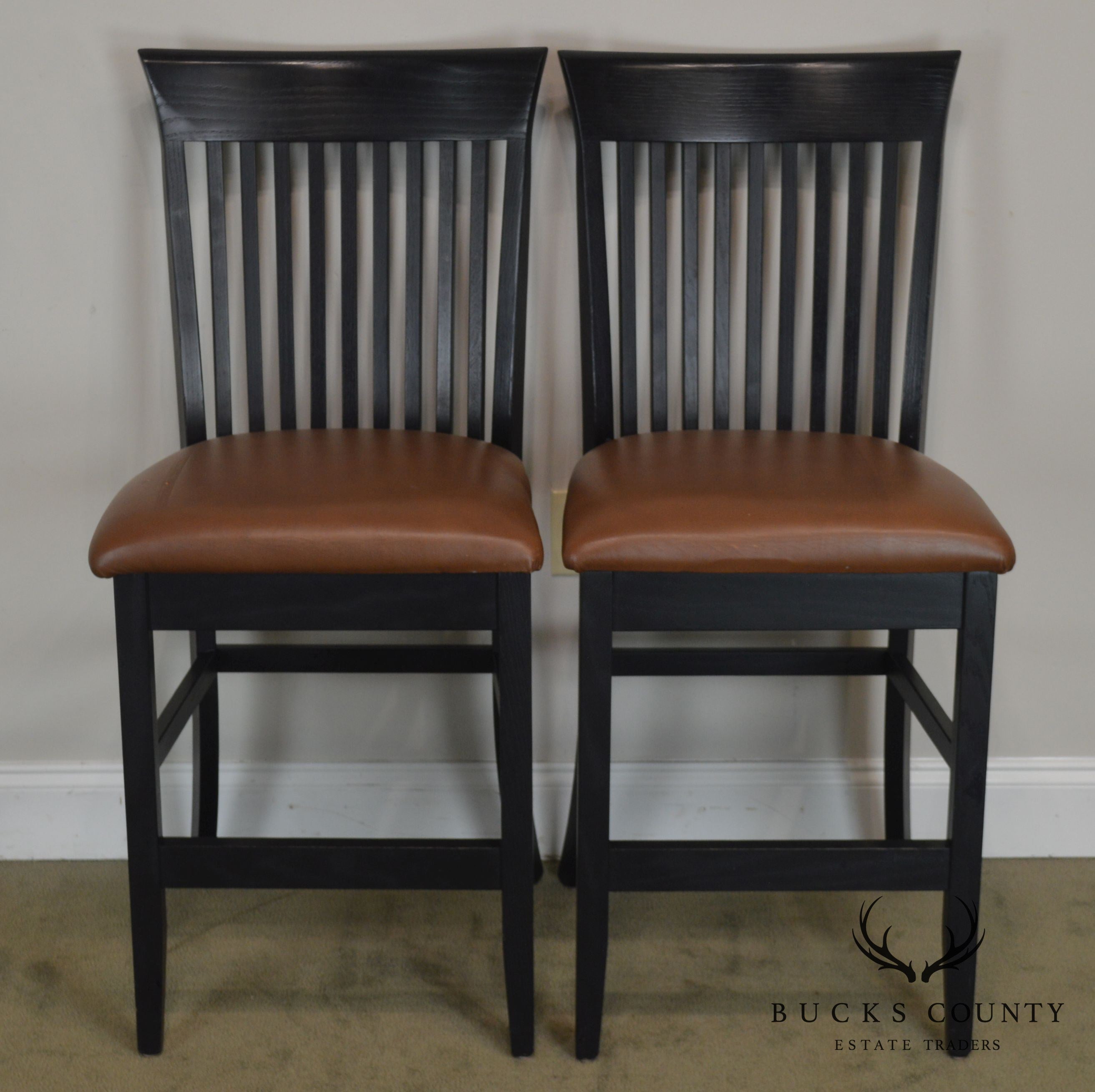 F & N Woodworking Pair Black Bar Stools with Brown Leather Seats