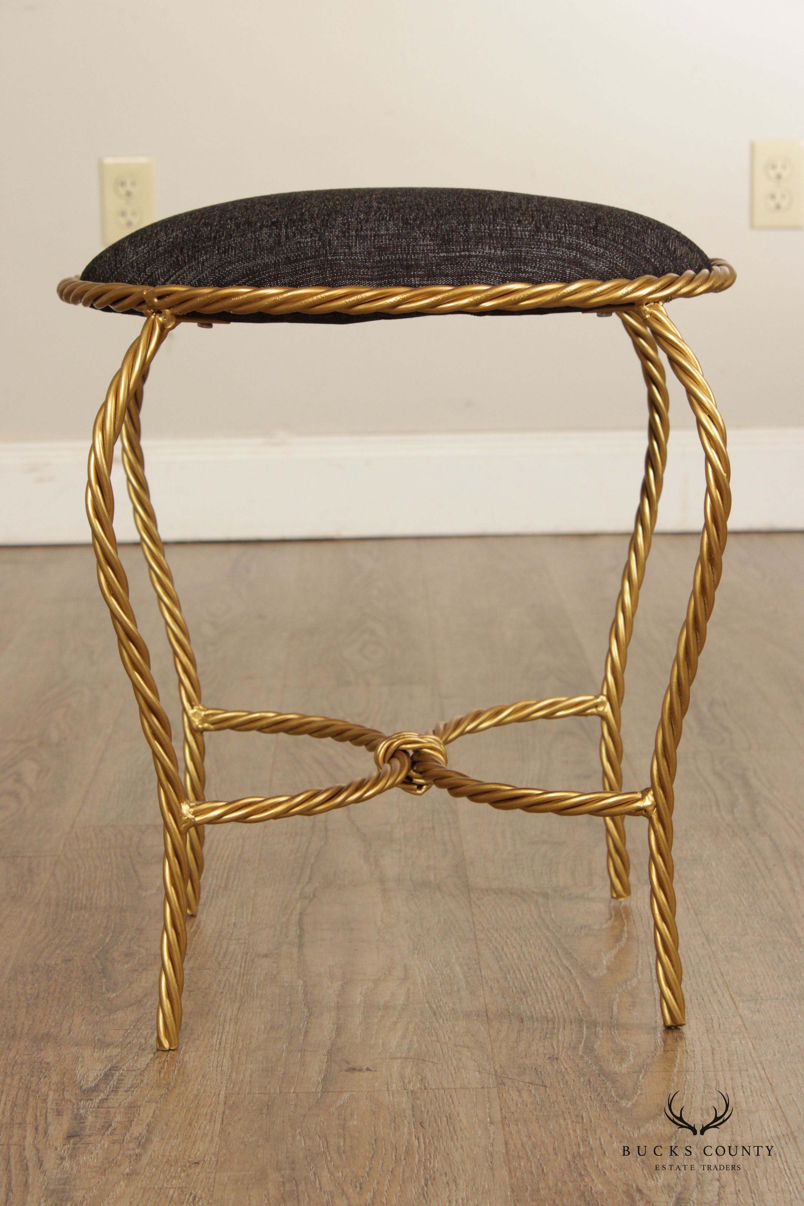 Hollywood Regency Pair of Gilt Metal Rope Twist Stools
