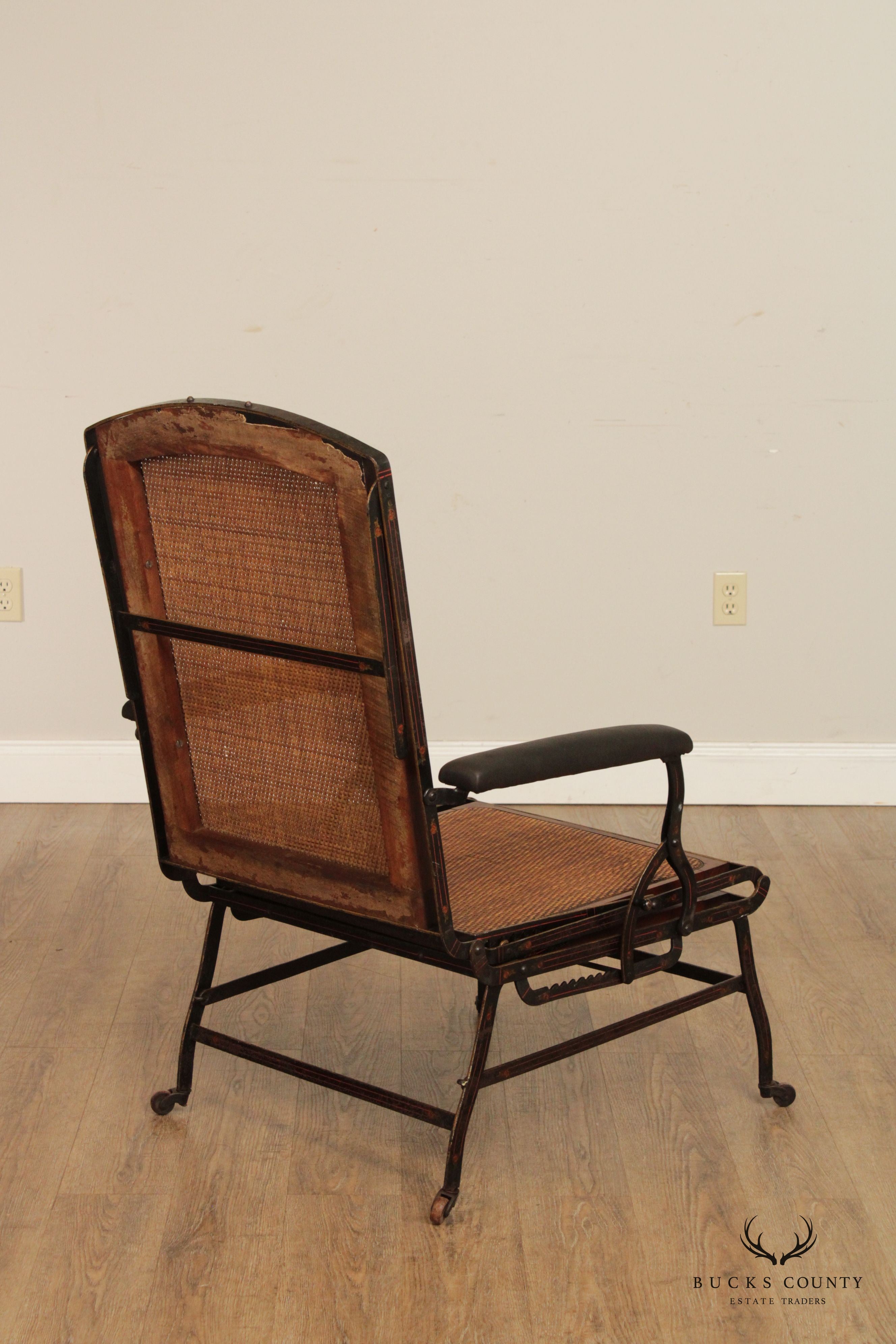 Antique Campaign Cane, Walnut and Iron Adjustable Chaise Lounge Chair