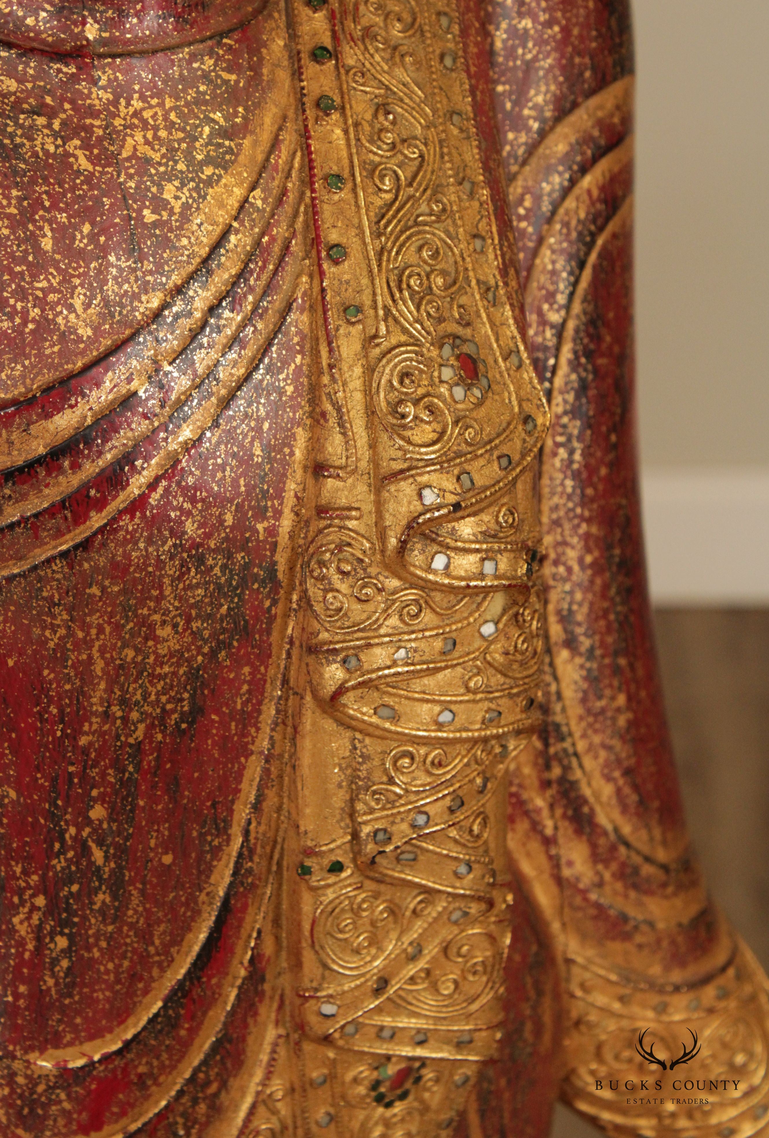 Burmese Mandalay Gilded Red Lacquer Tall Standing Buddha