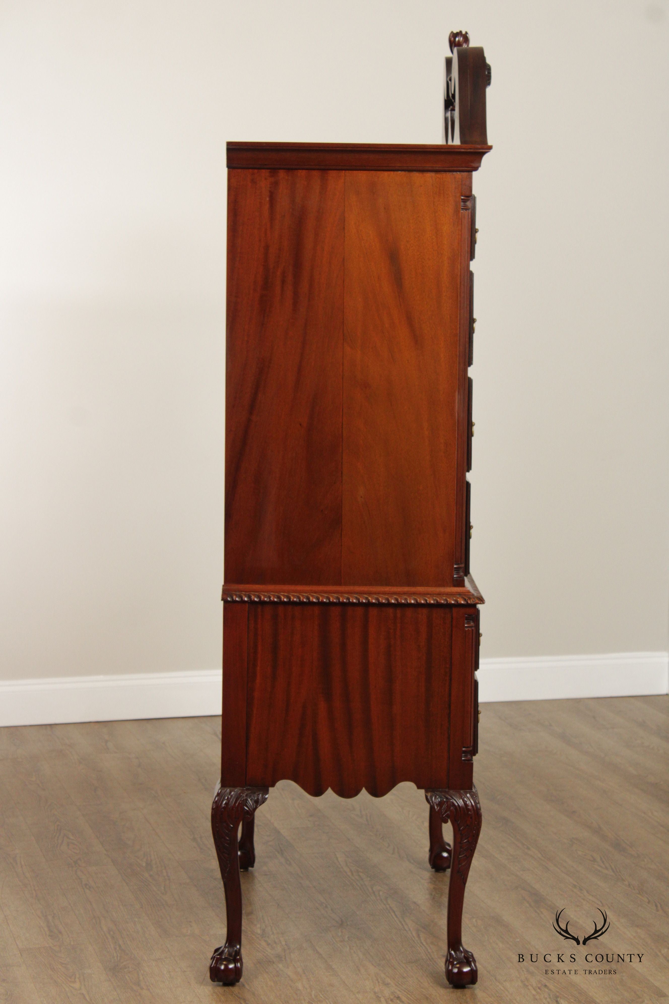 1940's Hand Crafted Chippendale Style Carved Mahogany High Boy Tall Chest