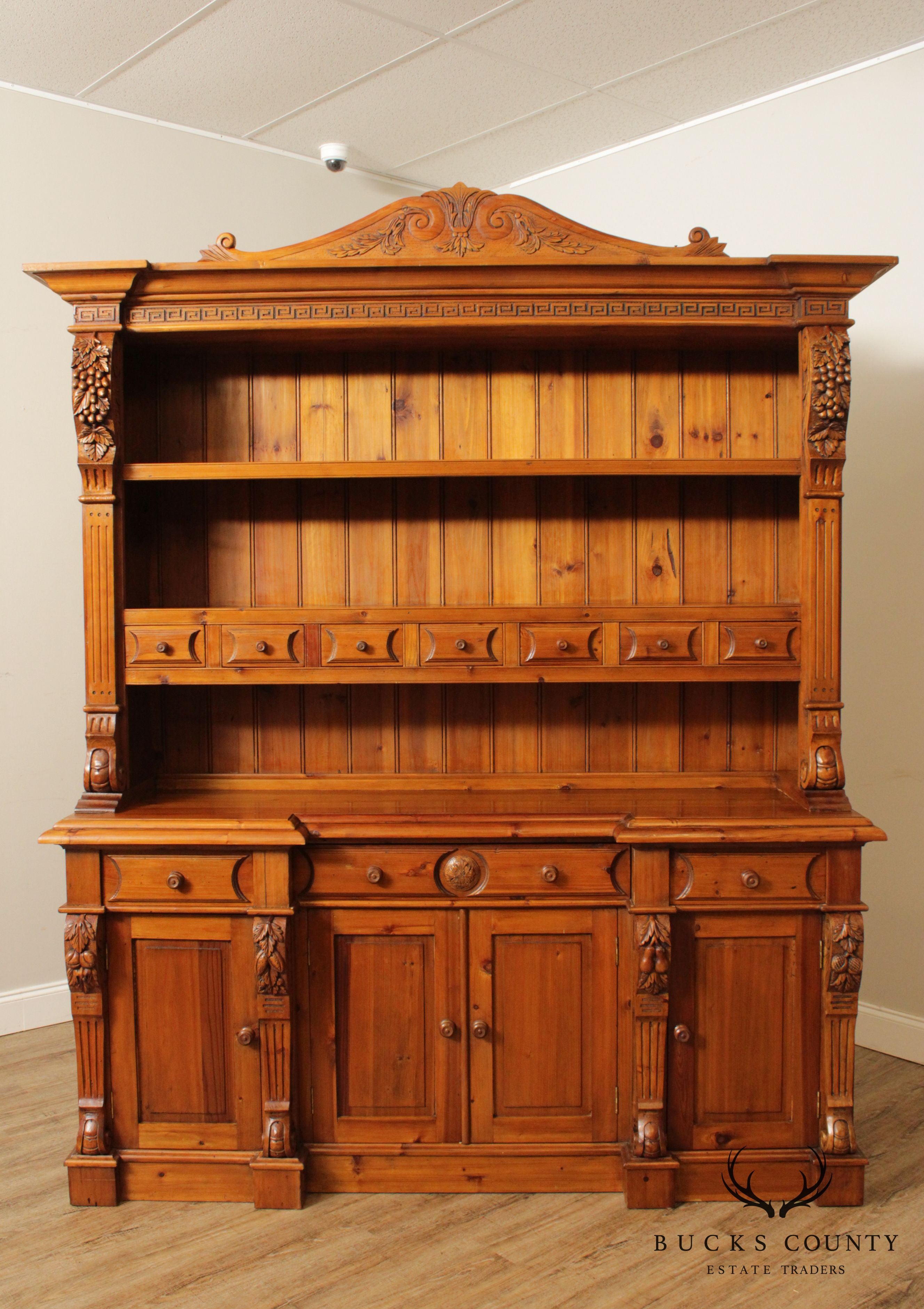 Large Custom Quality Carved Pine Step Back Hutch