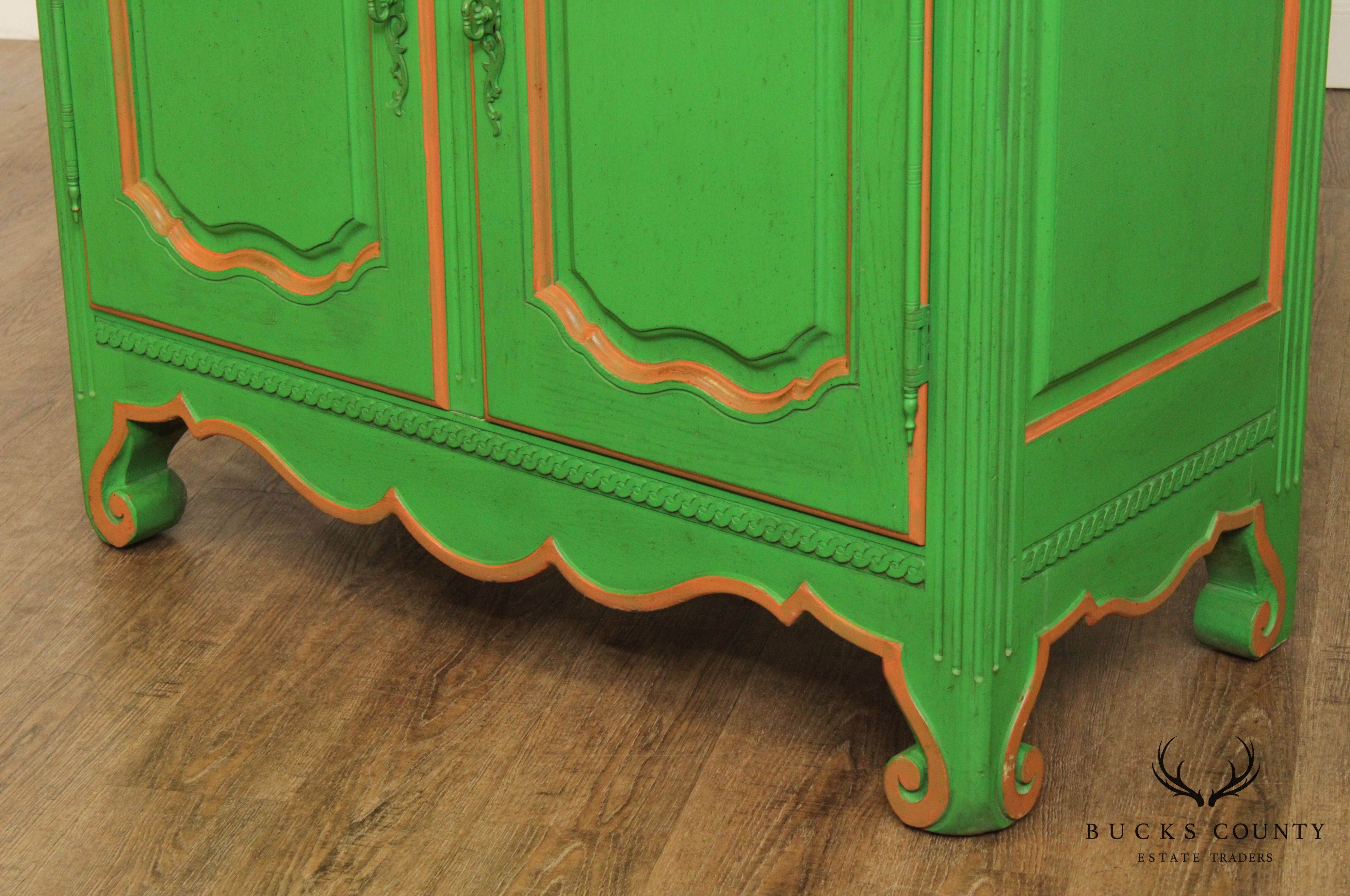 French Louis XV Style Custom Green Painted Pair Large Armoires