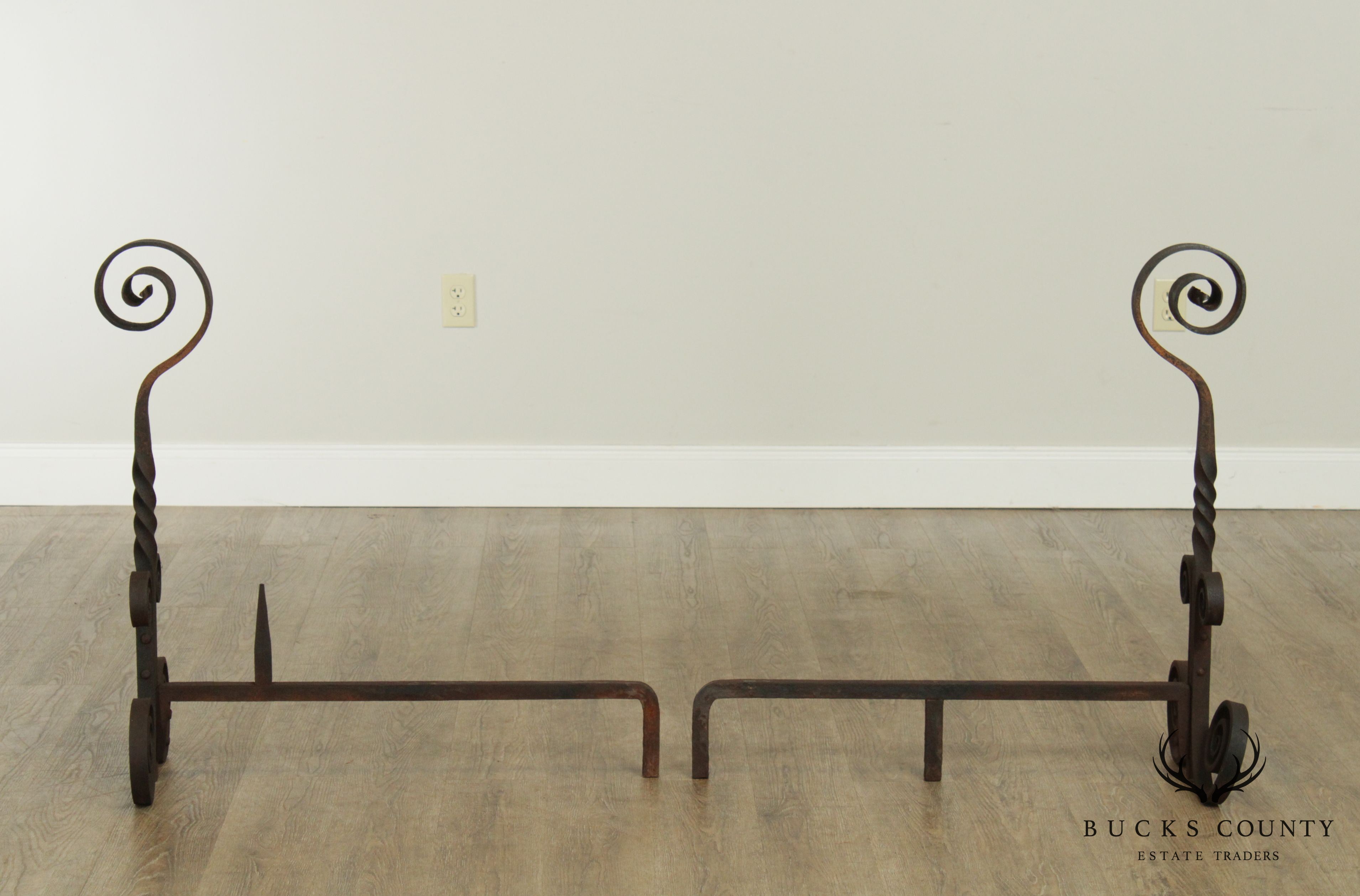 Vintage Hand Forged Iron Pair Andirons