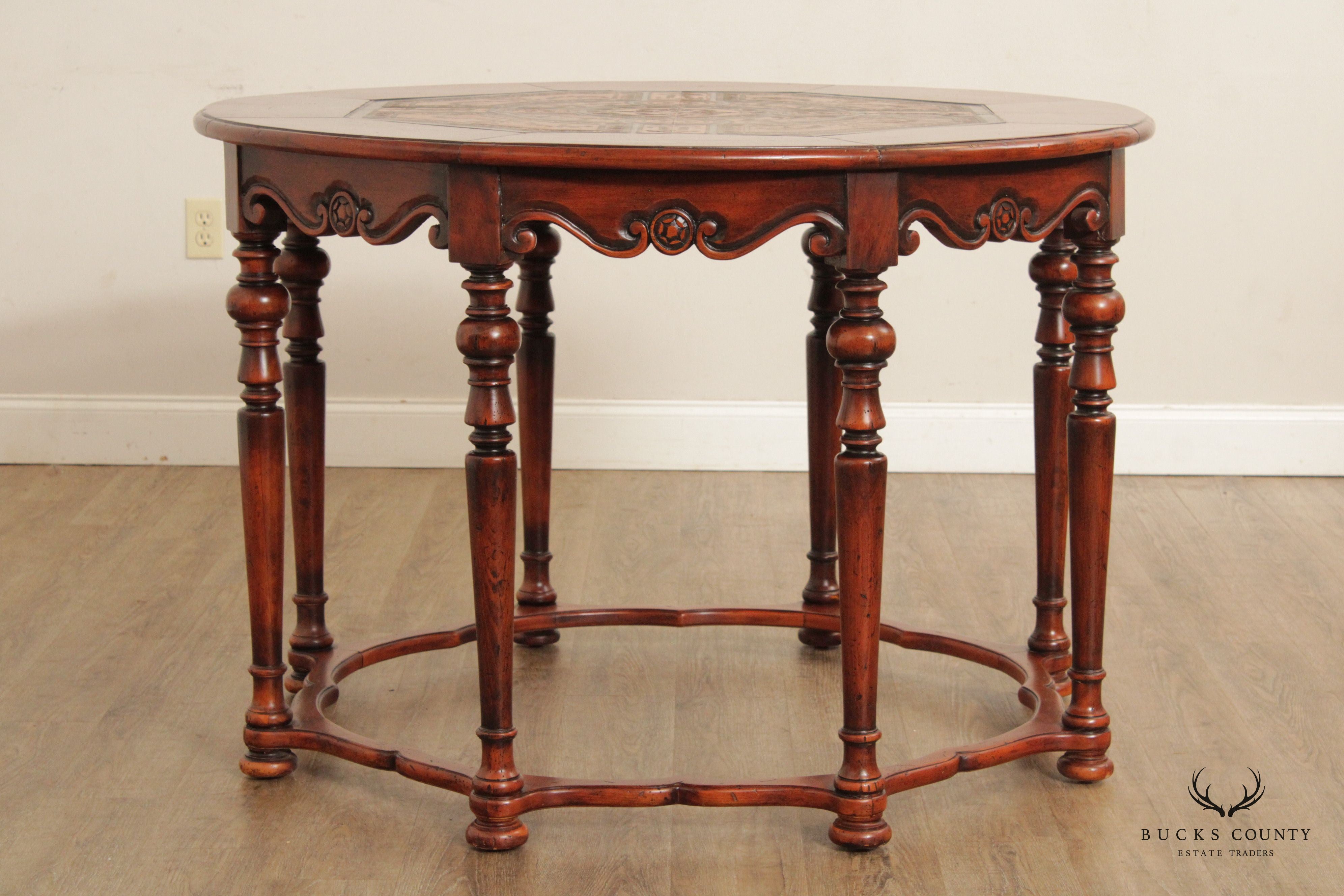 English Style Tooled Leather Round Mahogany Center Table