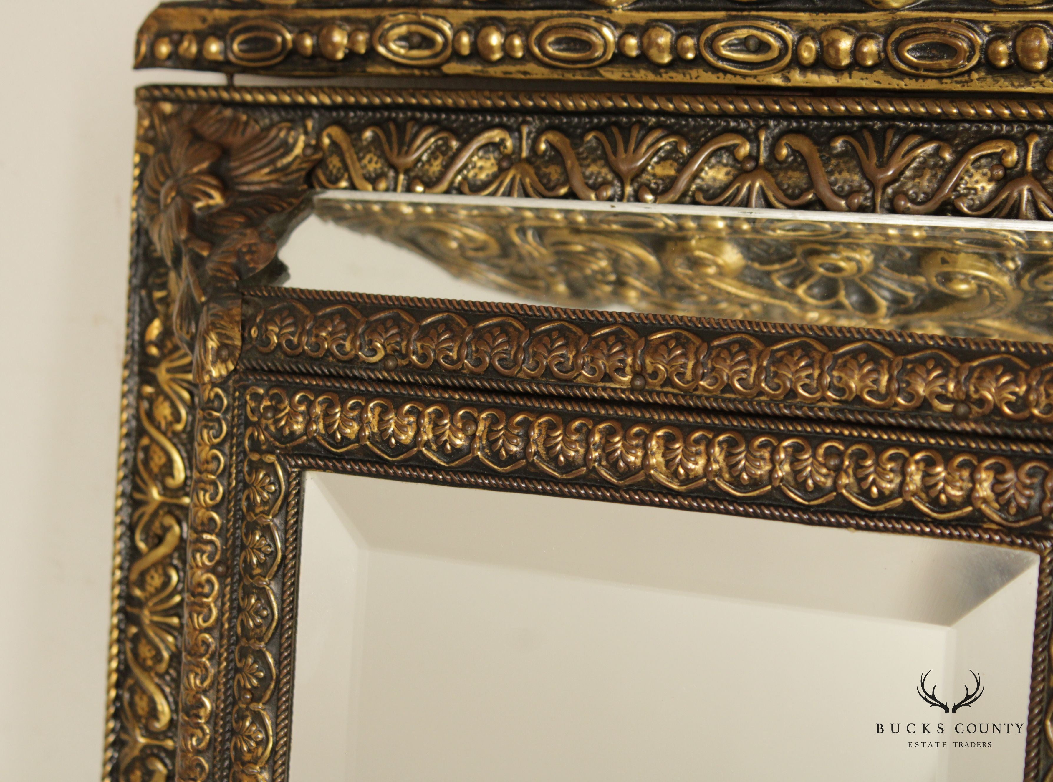 Antique French Repousse Brass Wall Mirror Cabinet