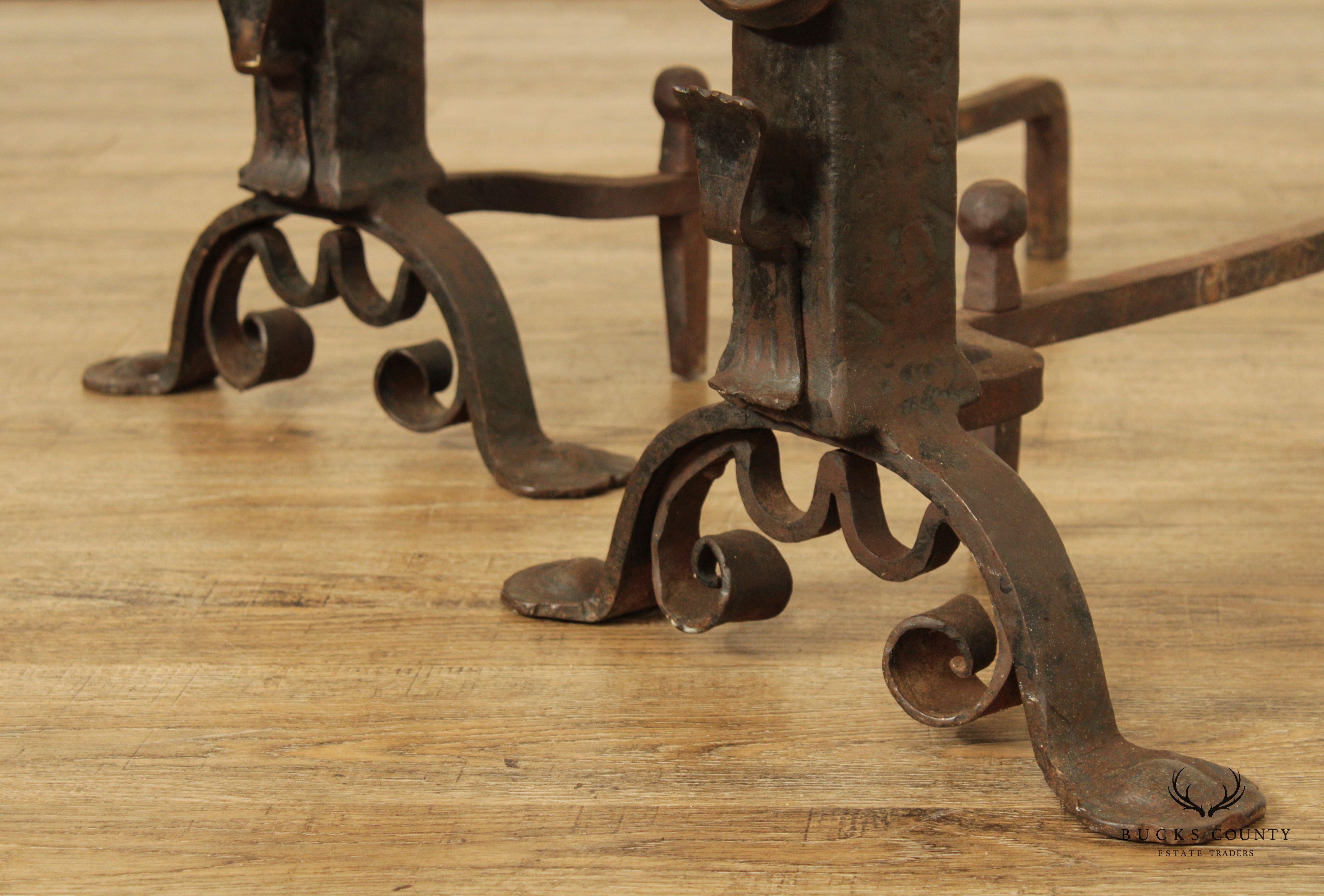 Arts & Crafts Antique Pair of Wrought Iron Andirons