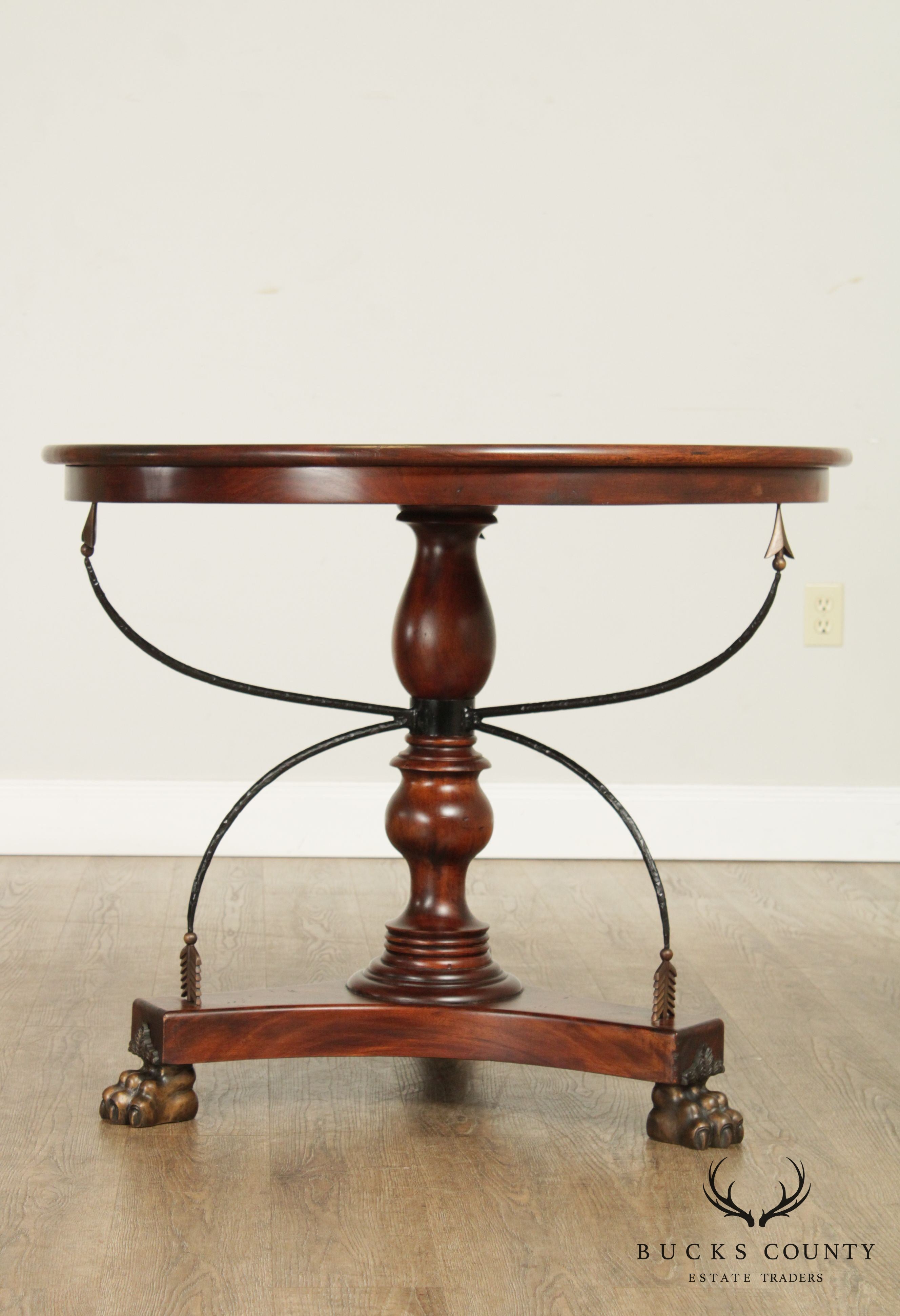 Neoclassical Style Round Solid Mahogany Center Table with Crossed Arrows, Bronze Claw Feet