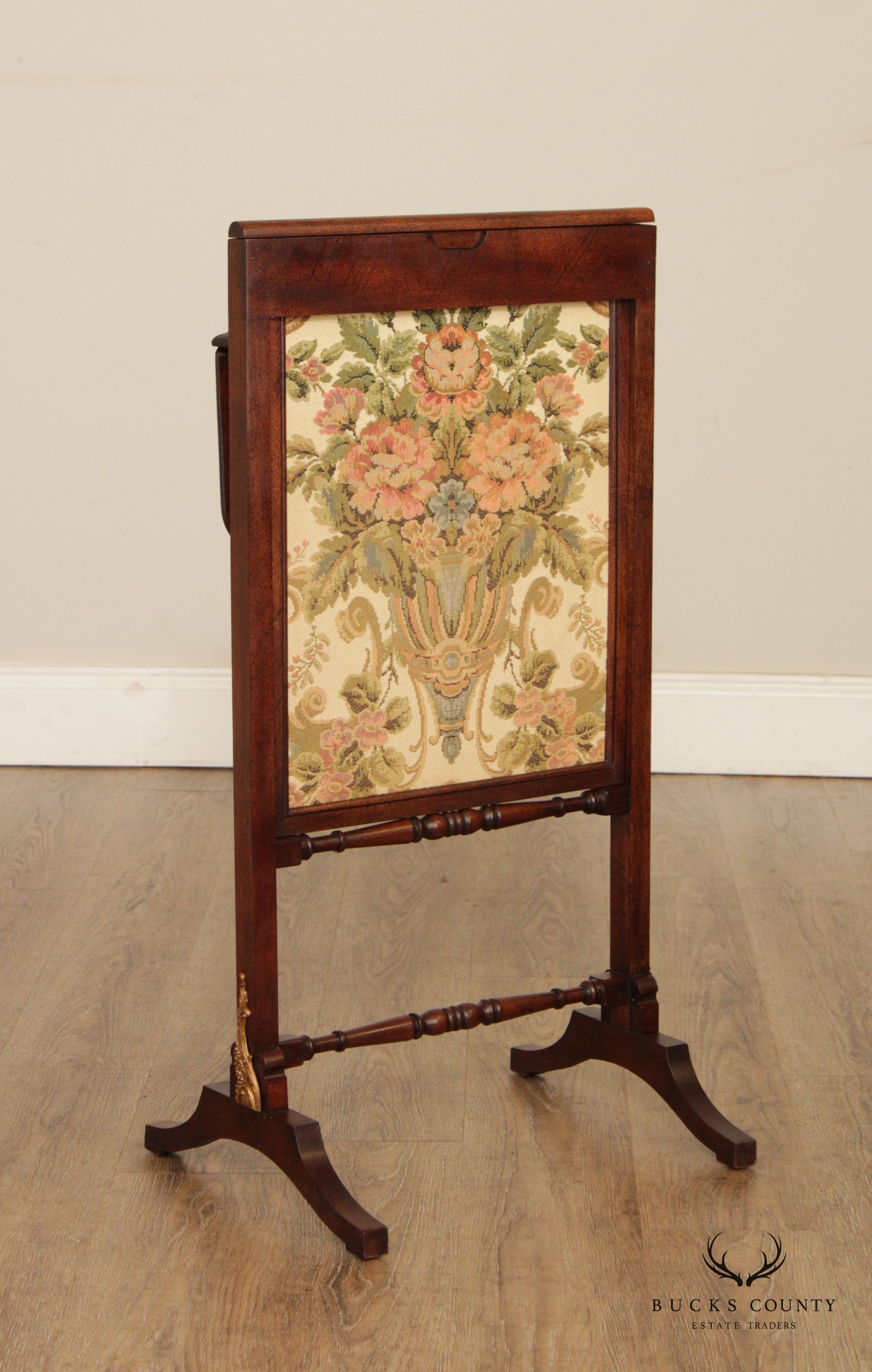 English Victorian Floral Needlepoint Fire Screen