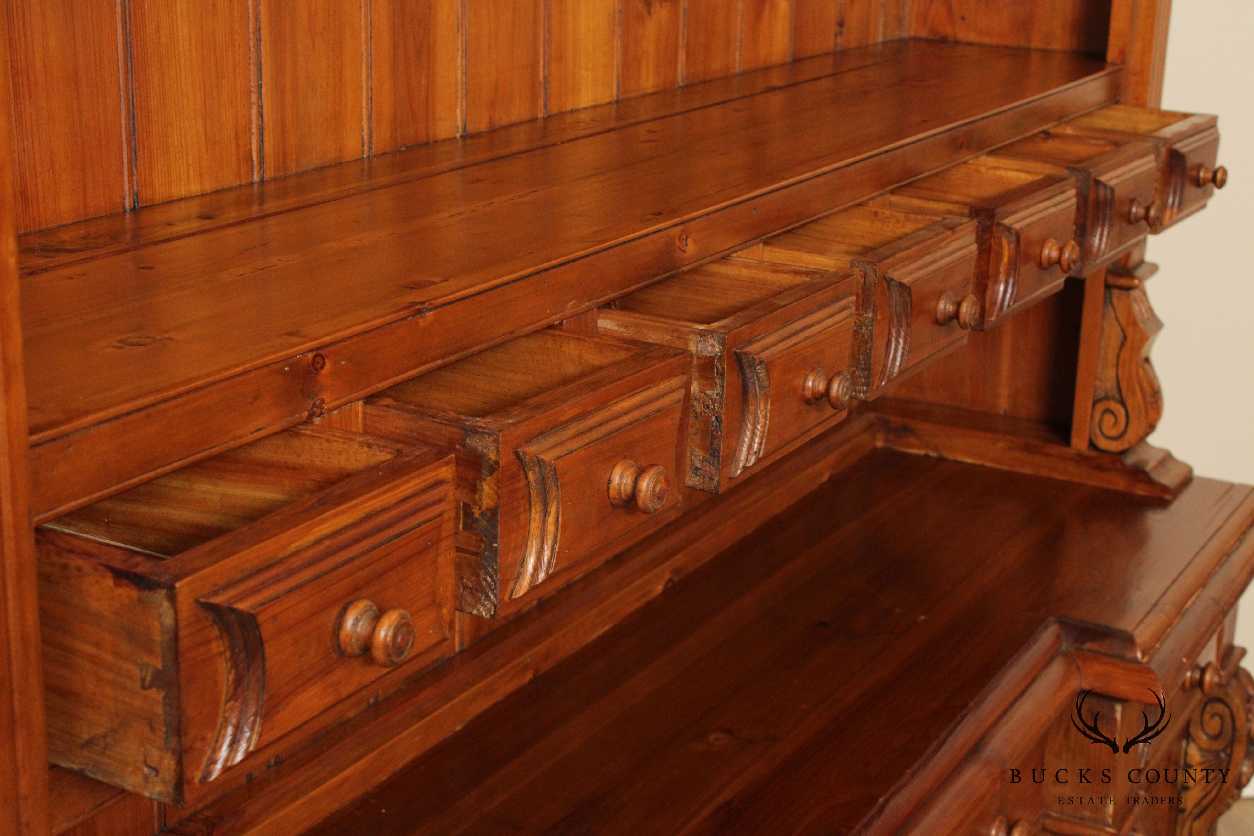 Large Custom Quality Carved Pine Step Back Hutch