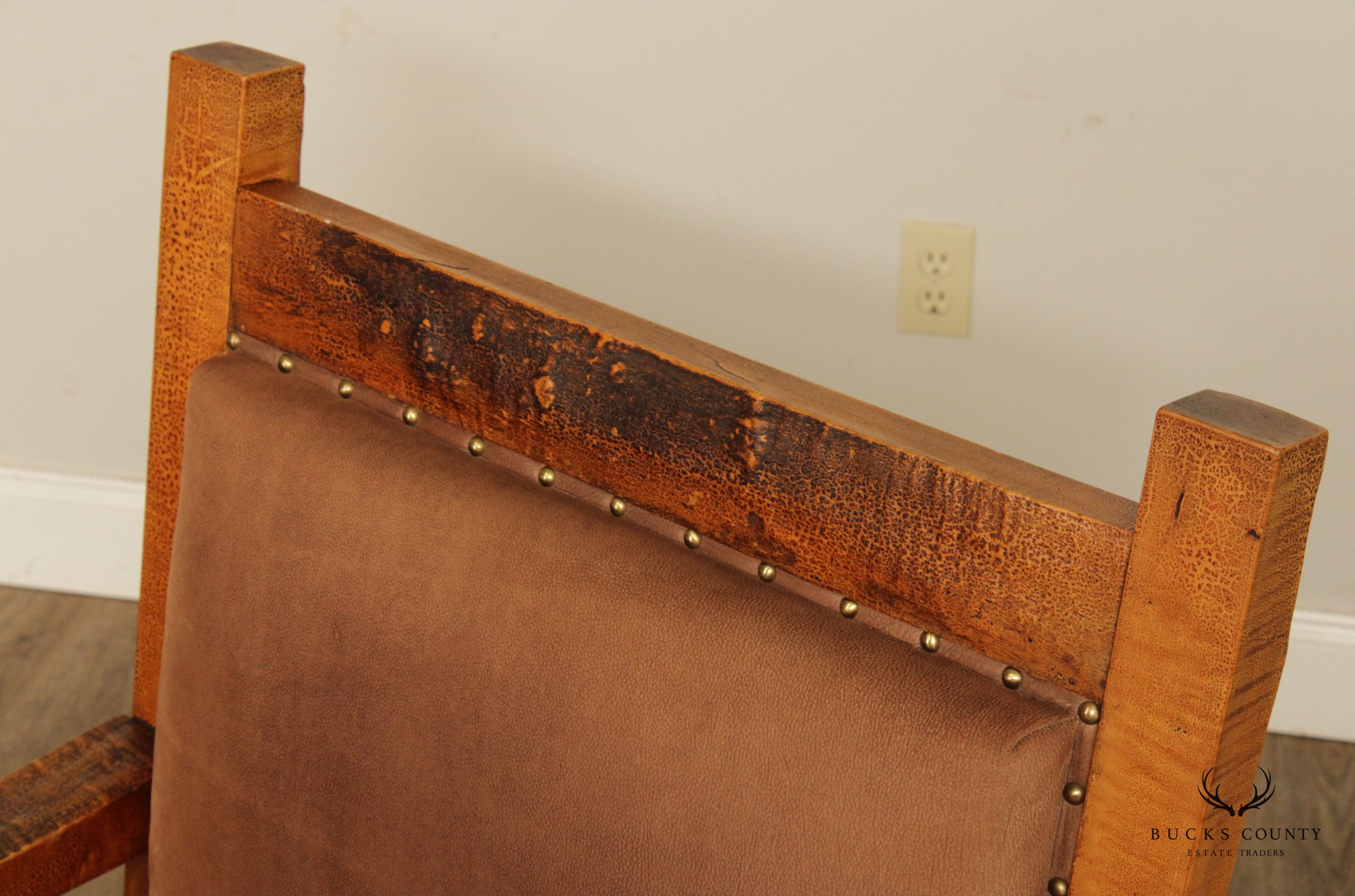 Antique Adirondack Tiger Maple and Leather Lounge Arm Chair