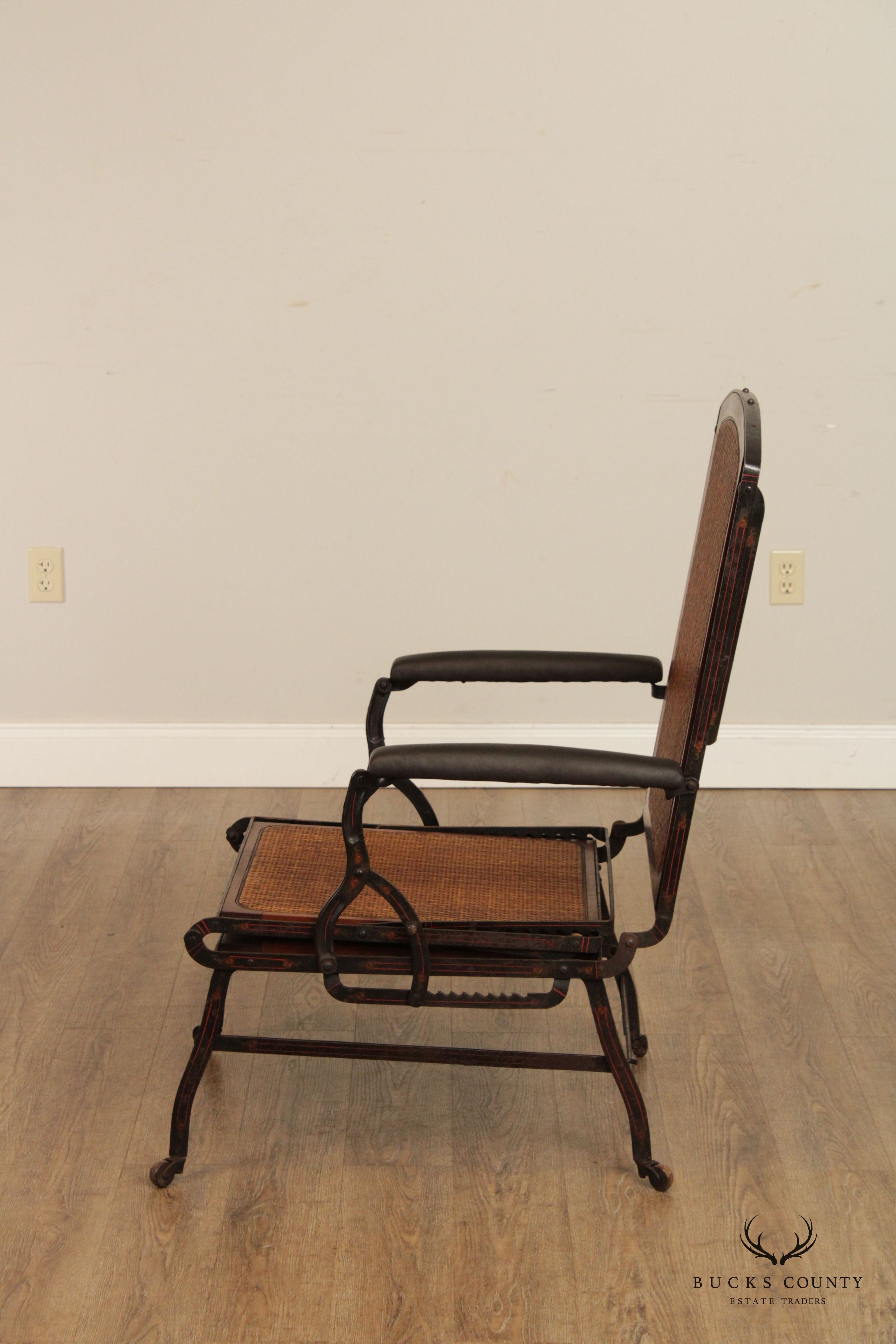 Antique Campaign Cane, Walnut and Iron Adjustable Chaise Lounge Chair