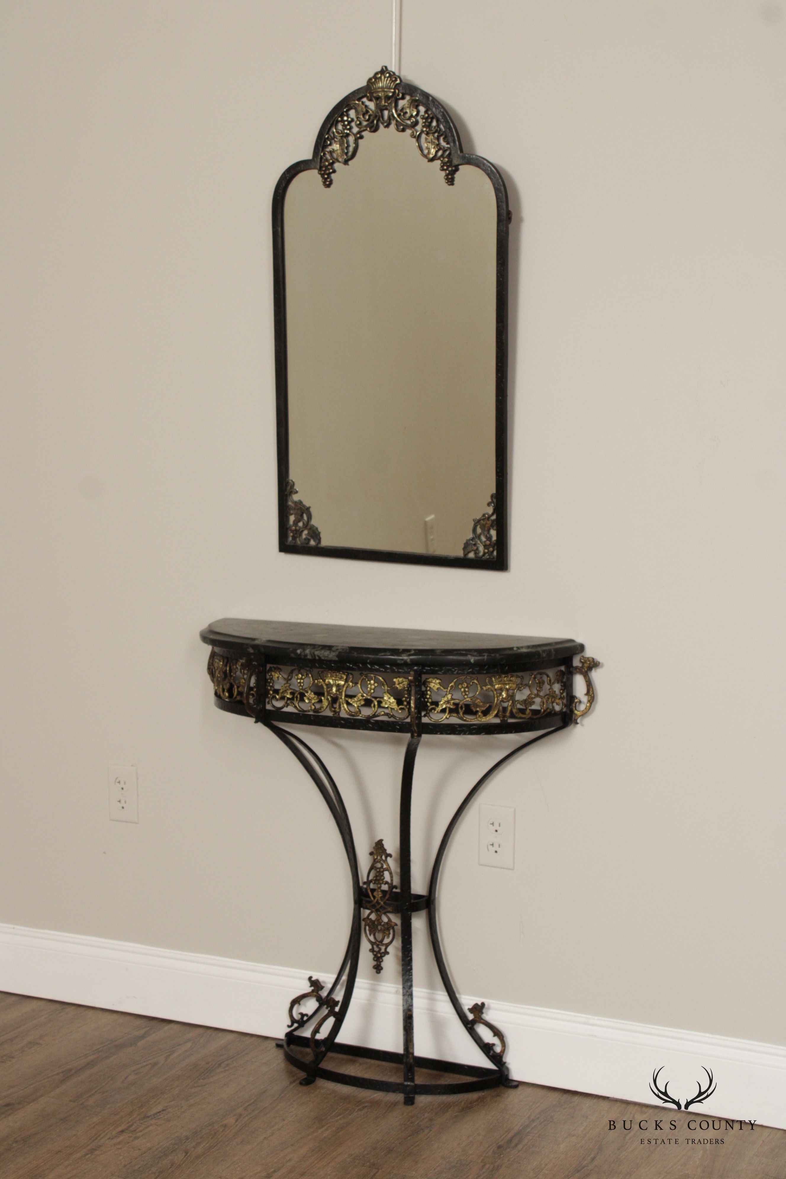 Art Deco Oscar Bach Style Marble Top Wrought Iron Console and Mirror