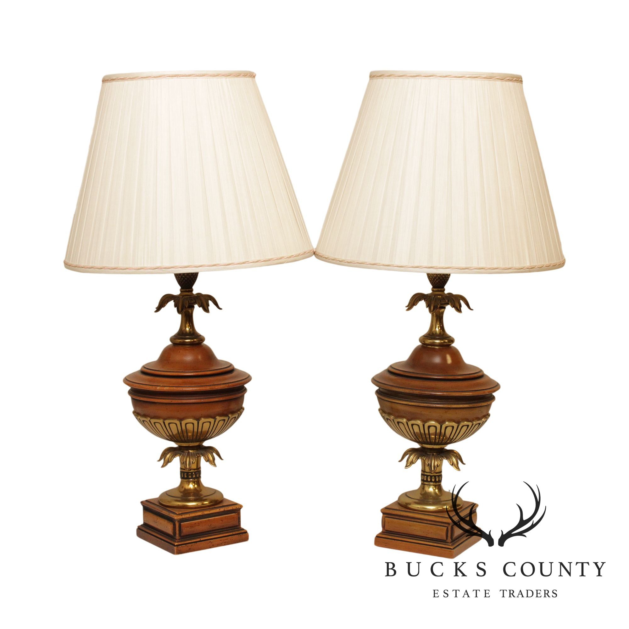 Stiffel Vintage Pair Wood & Brass Urn Form Table Lamps