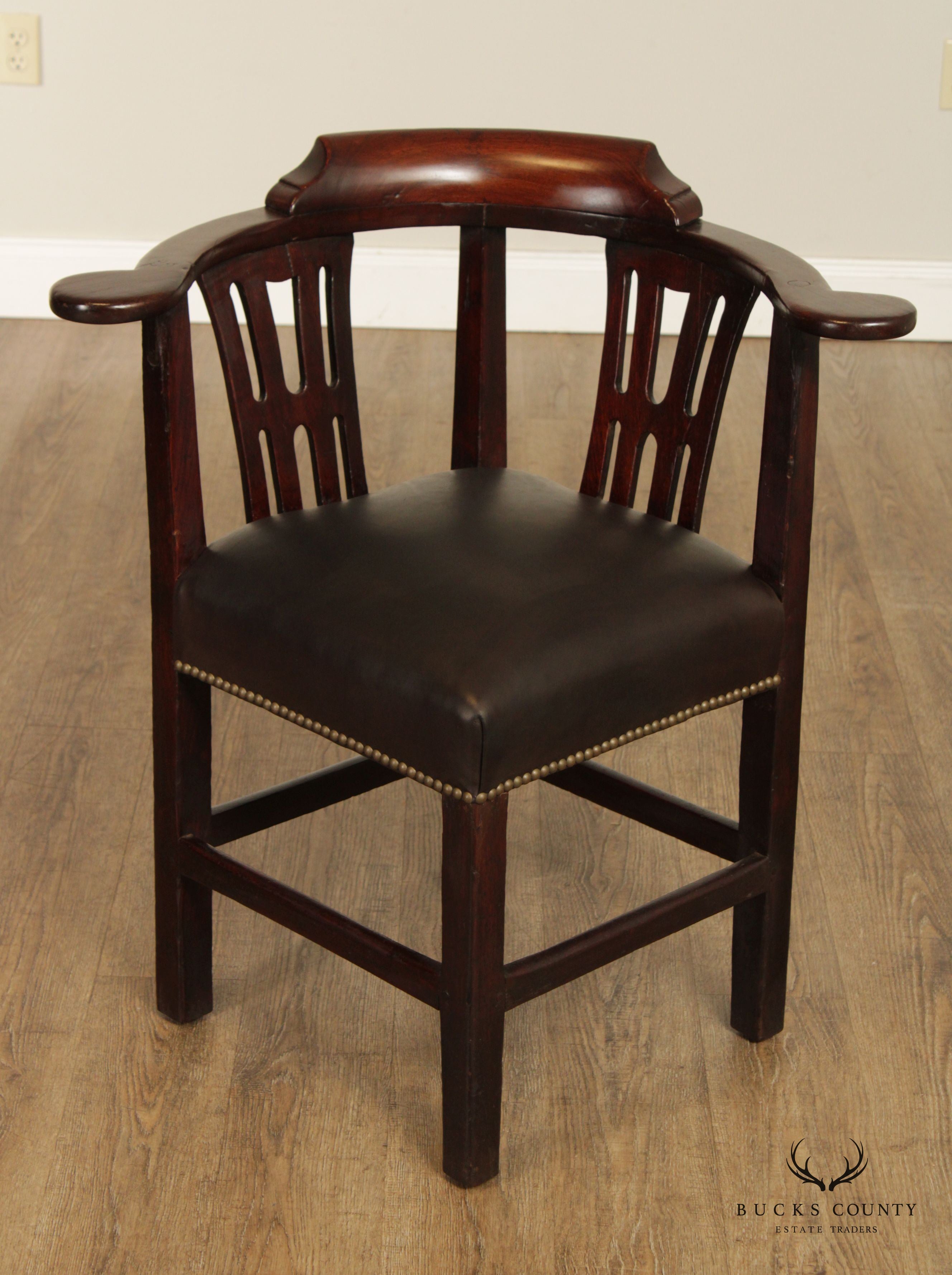 Antique 18th Century English Chippendale Style Pair of Mahogany and Leather Corner Chairs