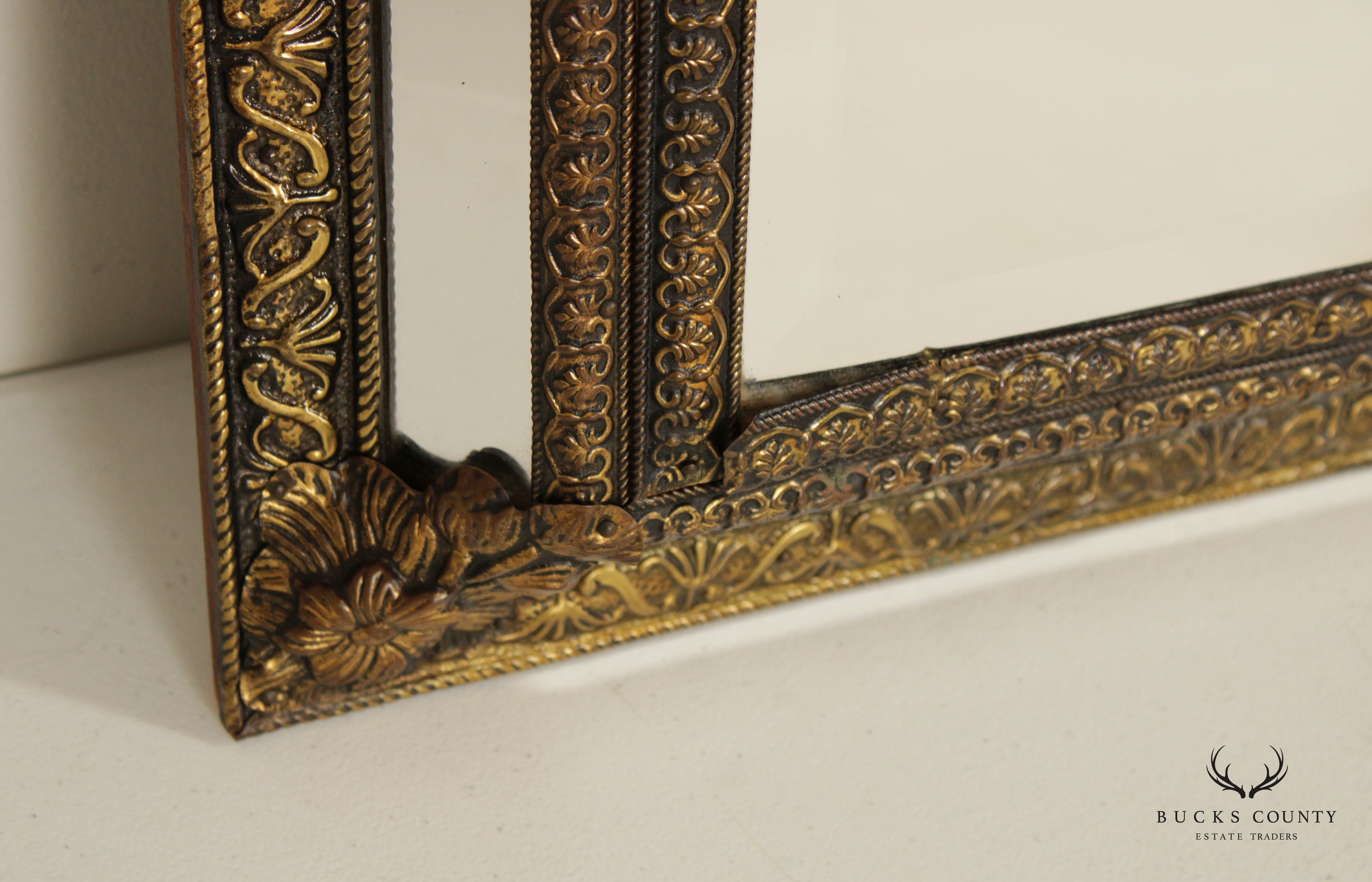 Antique French Repousse Brass Wall Mirror Cabinet