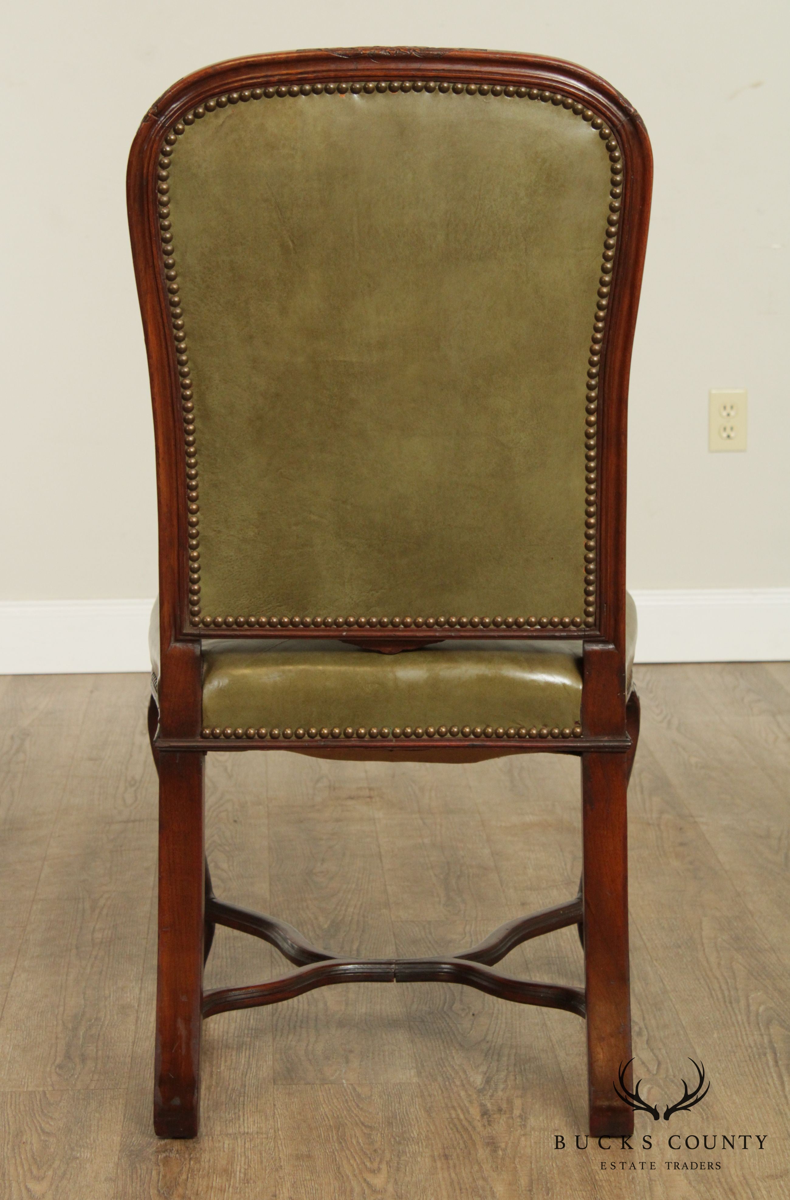 French Louis XV Style Vintage Set 5 Walnut & Green Leather Dining Chairs