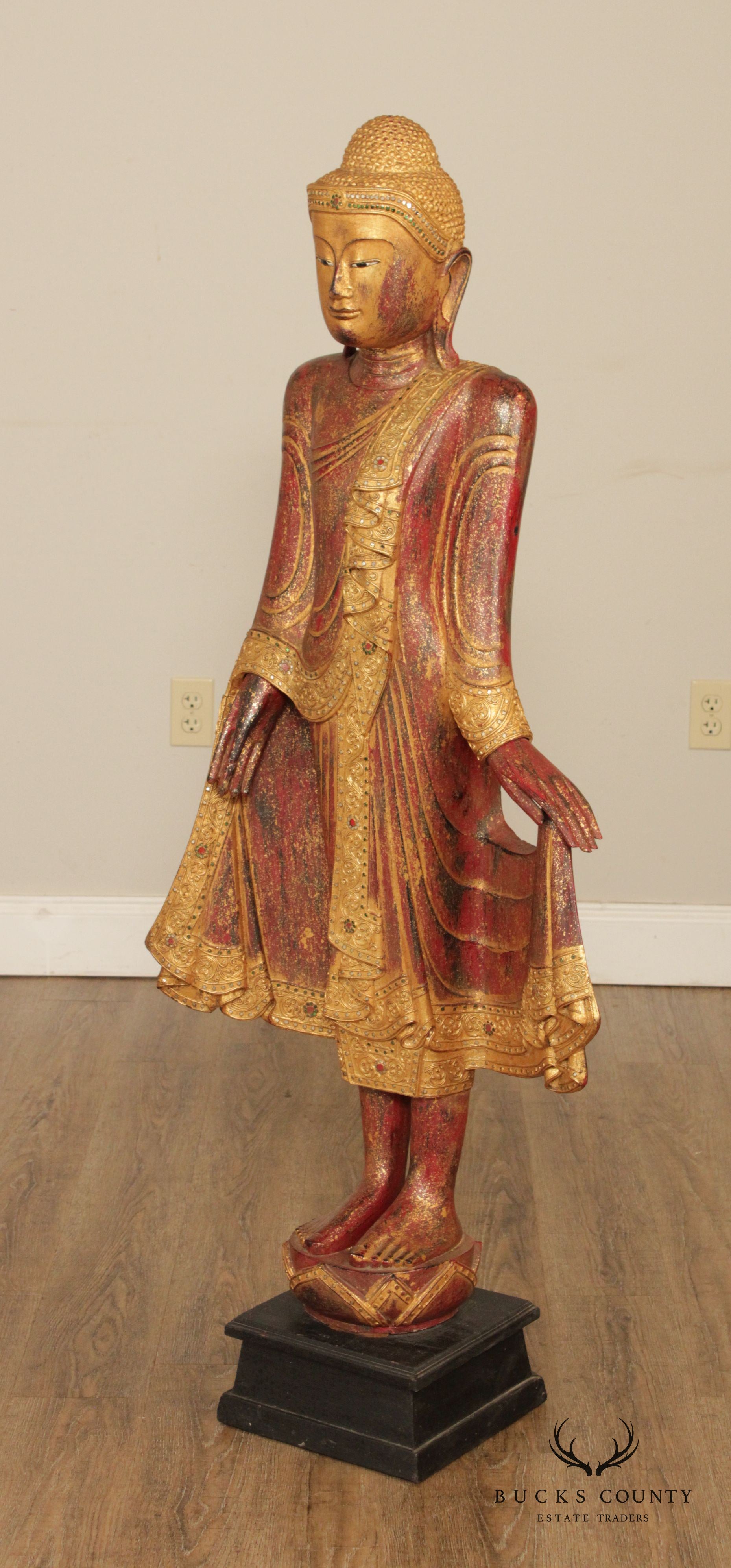 Burmese Mandalay Gilded Red Lacquer Tall Standing Buddha
