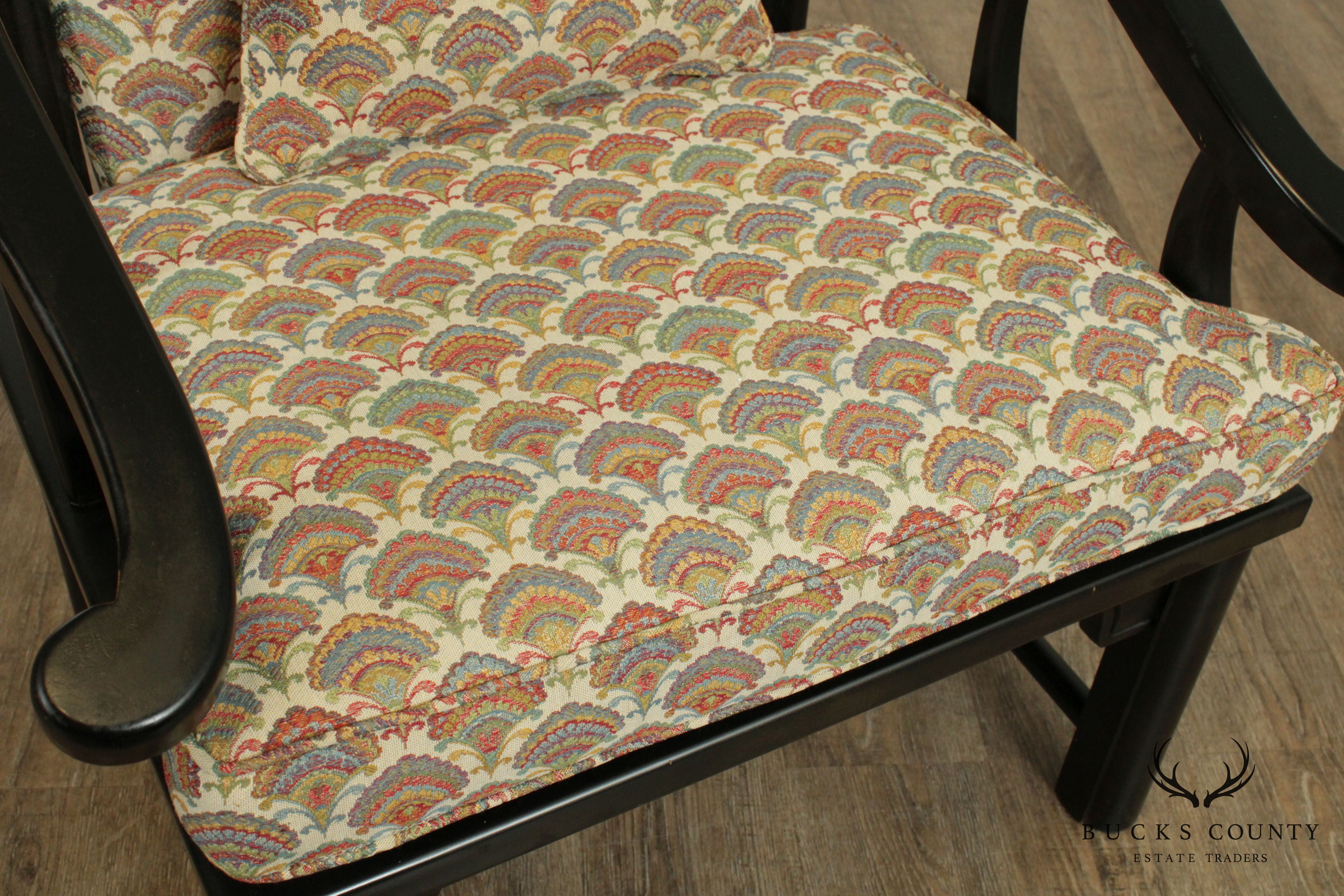 Mid Century Vintage Black Lacquered Asian Inspired Curved Back Armchairs