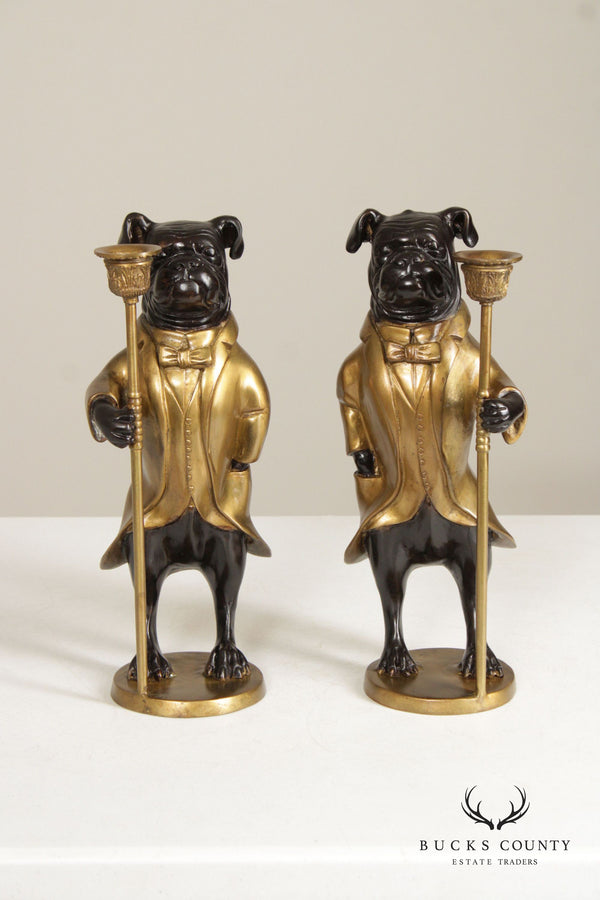 Set of Polychrome Bronze Bull Dog Candle Holders