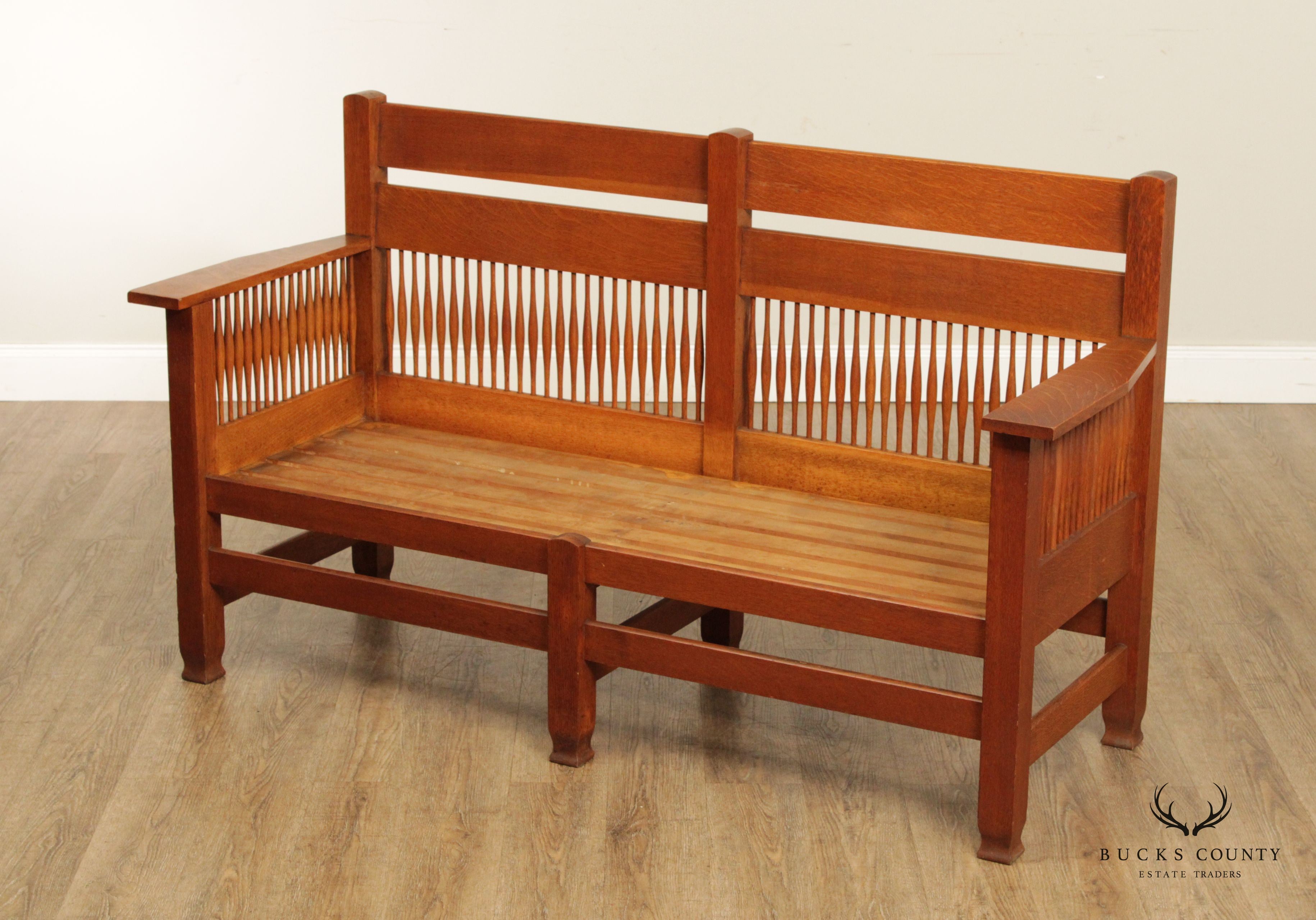 Antique Arts and Crafts Period Oak Settle Bench