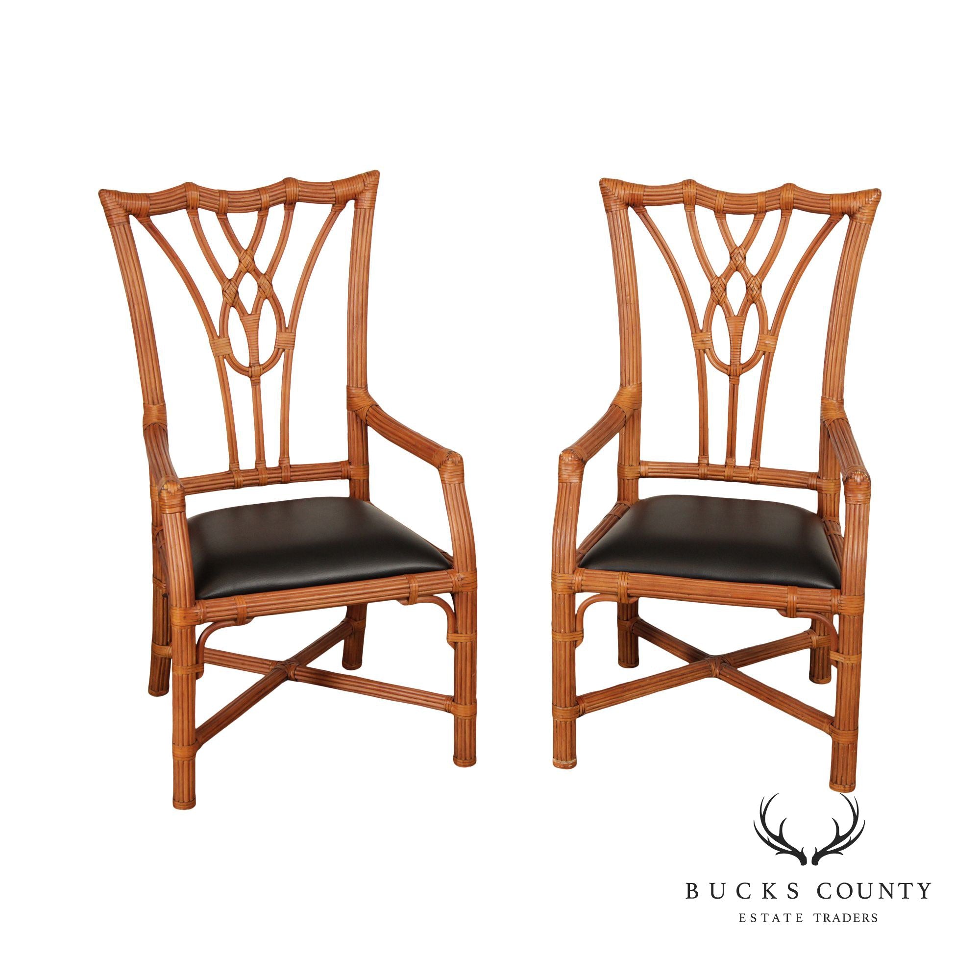 Chippendale Style Split Reed Rattan Pair of Armchairs