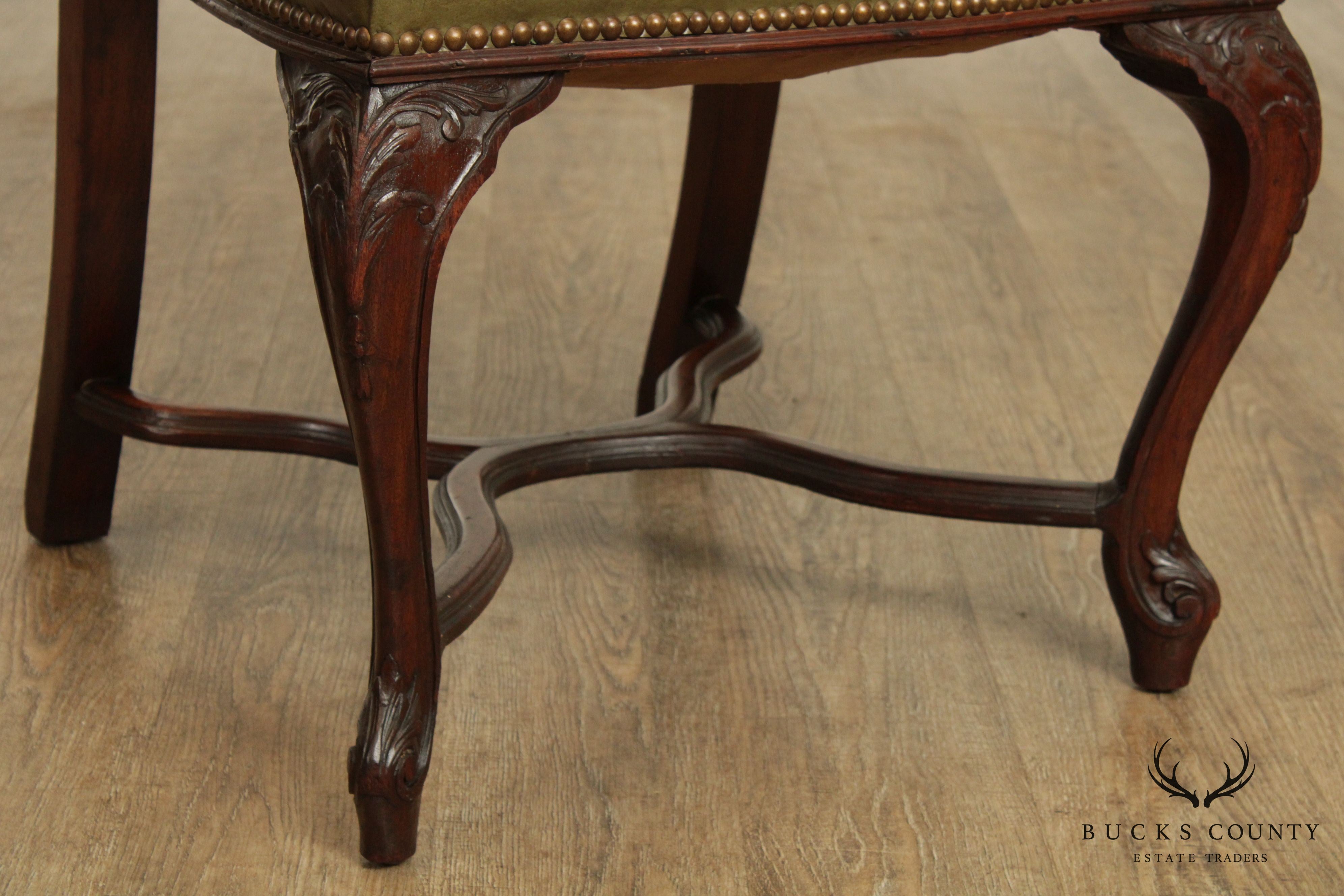 French Louis XV Style Vintage Set 5 Walnut & Green Leather Dining Chairs