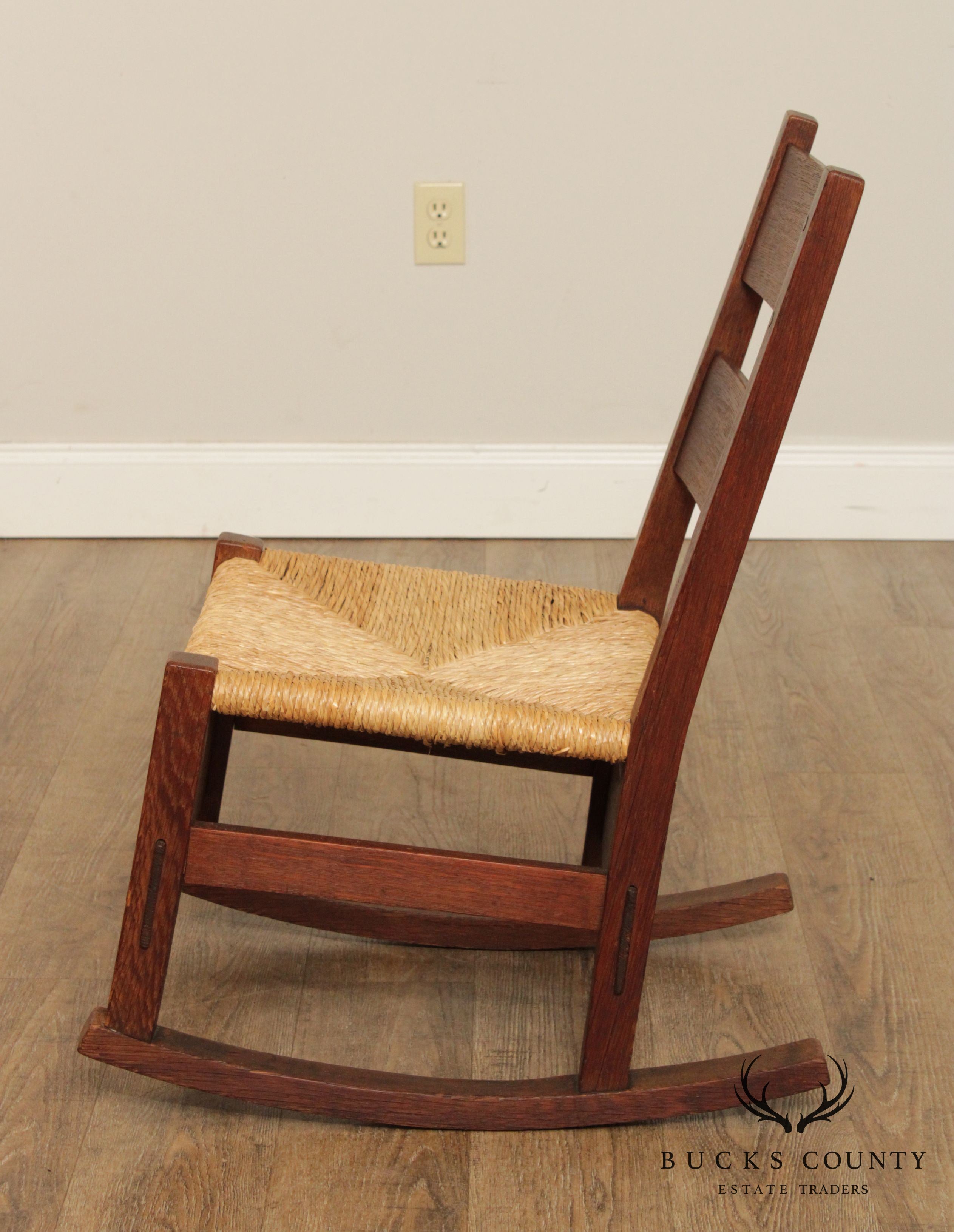Gustav Stickley Antique Mission Oak Rush Seat Nursing Rocker
