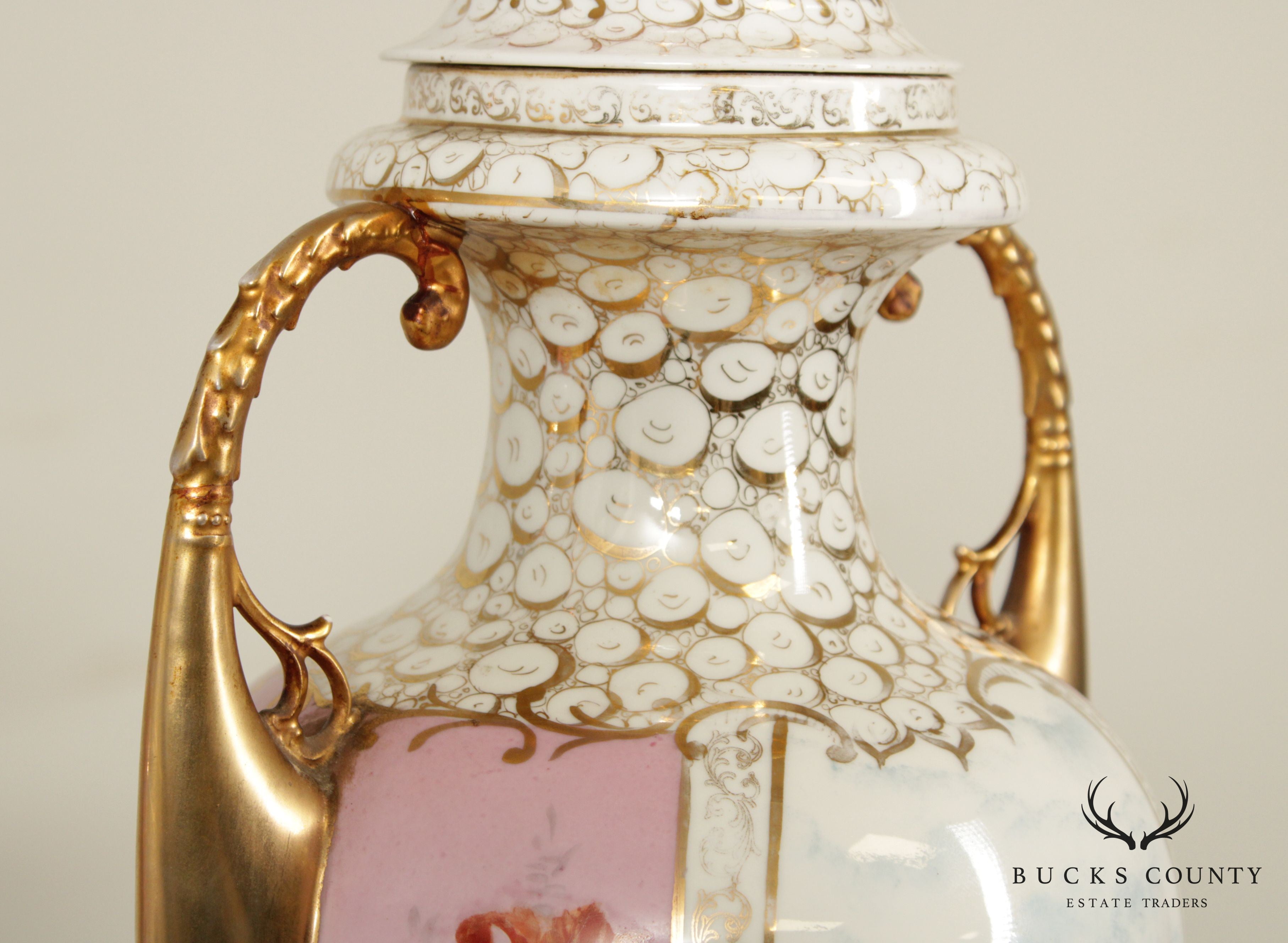 Louis XVI Style Hand Painted Porcelain Urn Form Pair Table Lamps