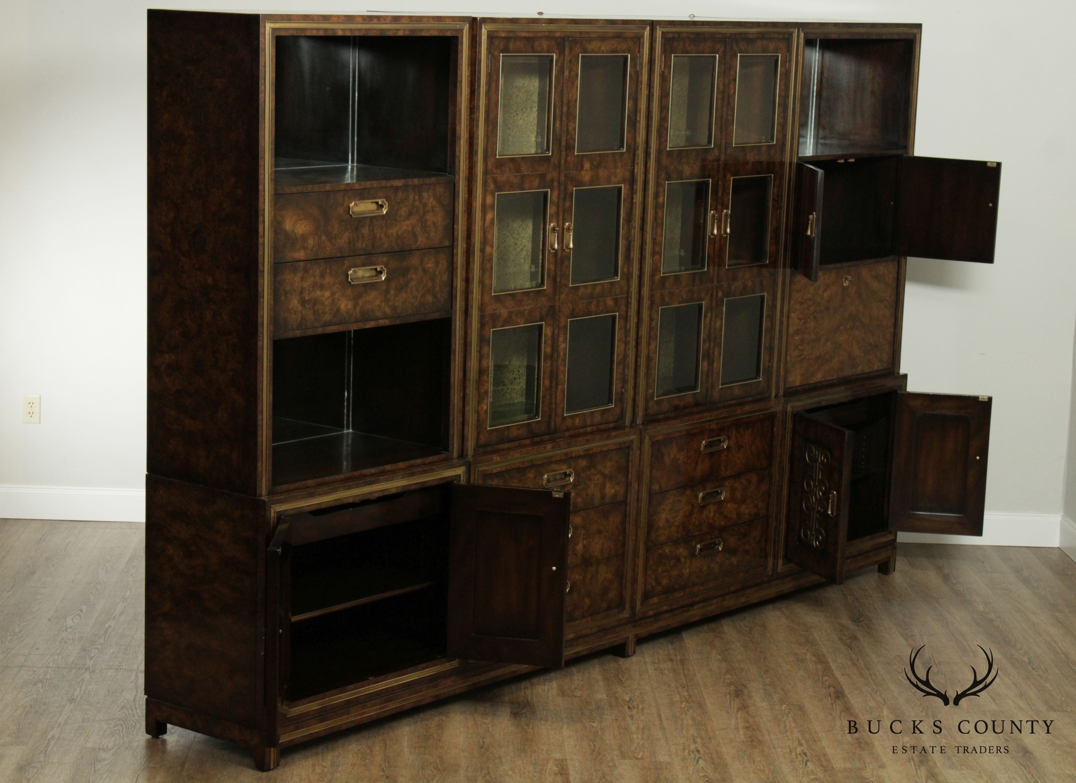 Mastercraft 1970's Hollywood Regency Large Burl Wood & Brass Bookcase Wall Unit
