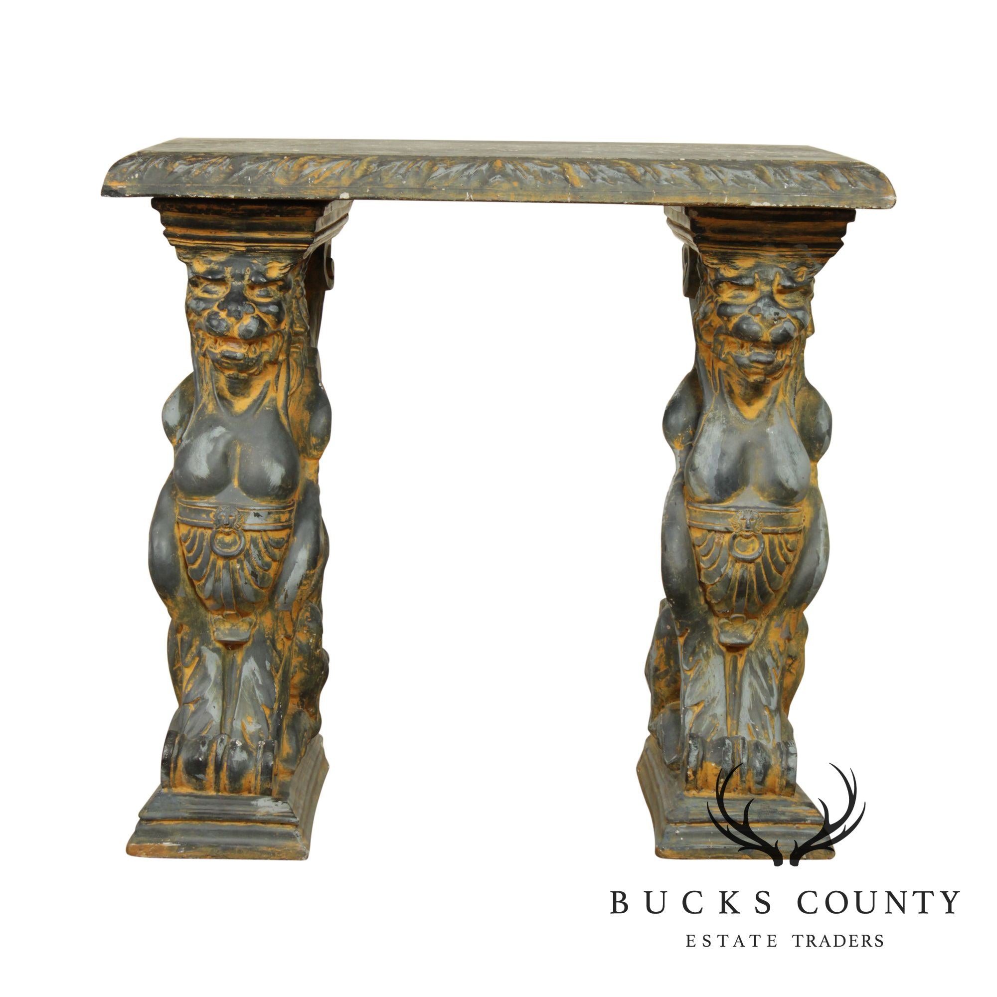 Vintage Cast Stone Winged Griffin Console Table