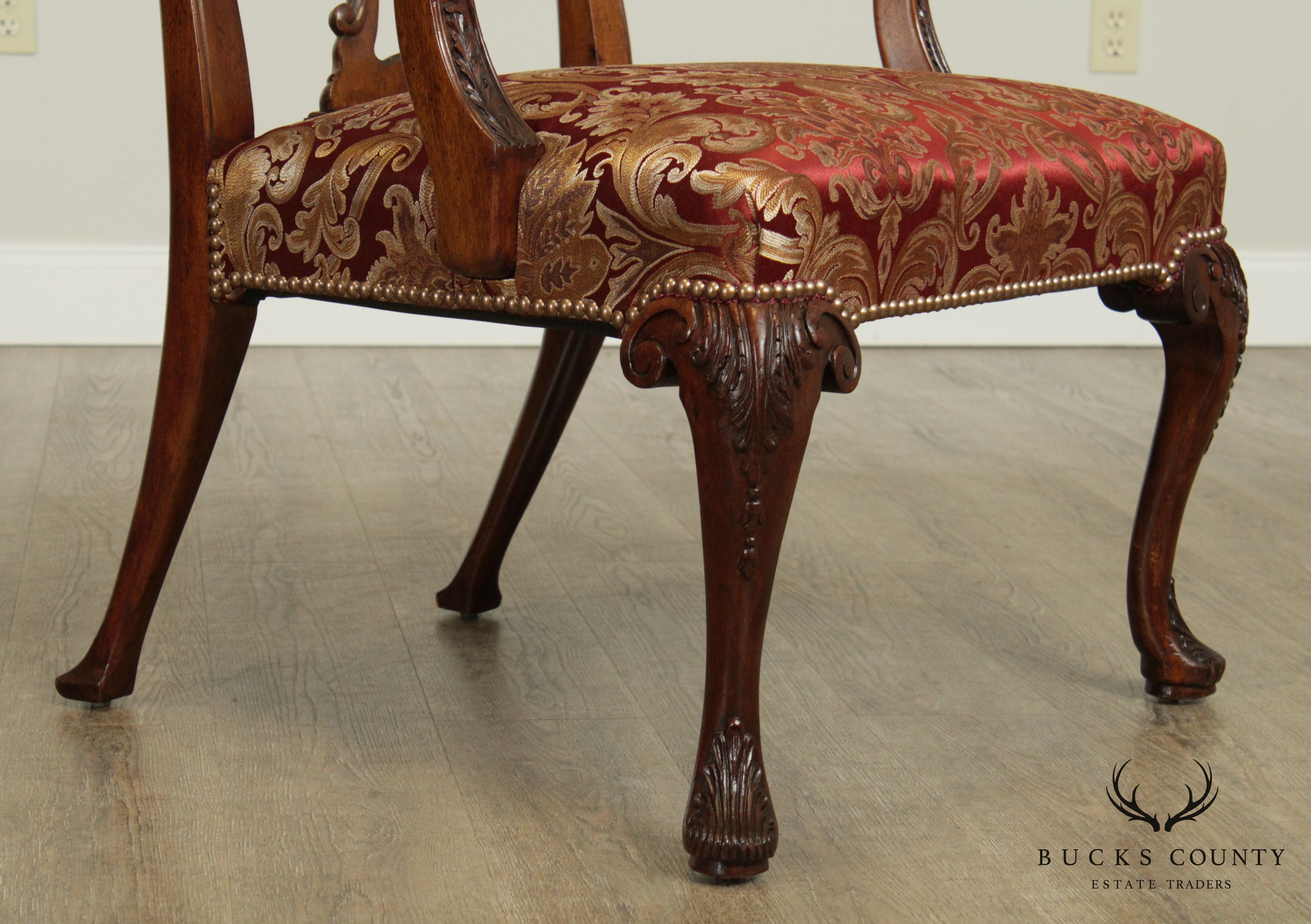 Georgian Style Vintage Custom Quality Carved Mahogany Pair Armchairs